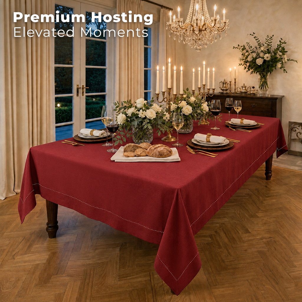 Red pure linen tablecloth styled on a dining table