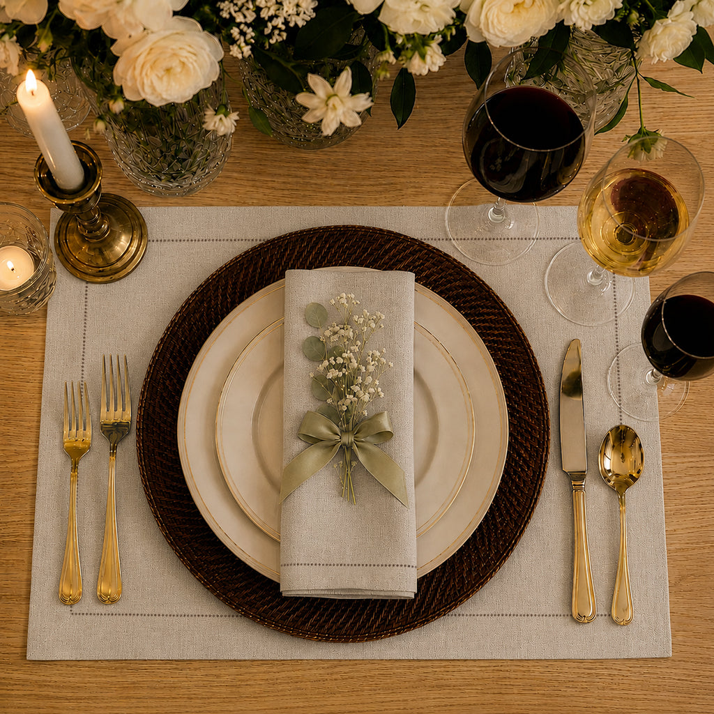 Natural pure linen placemats styled on a dining table