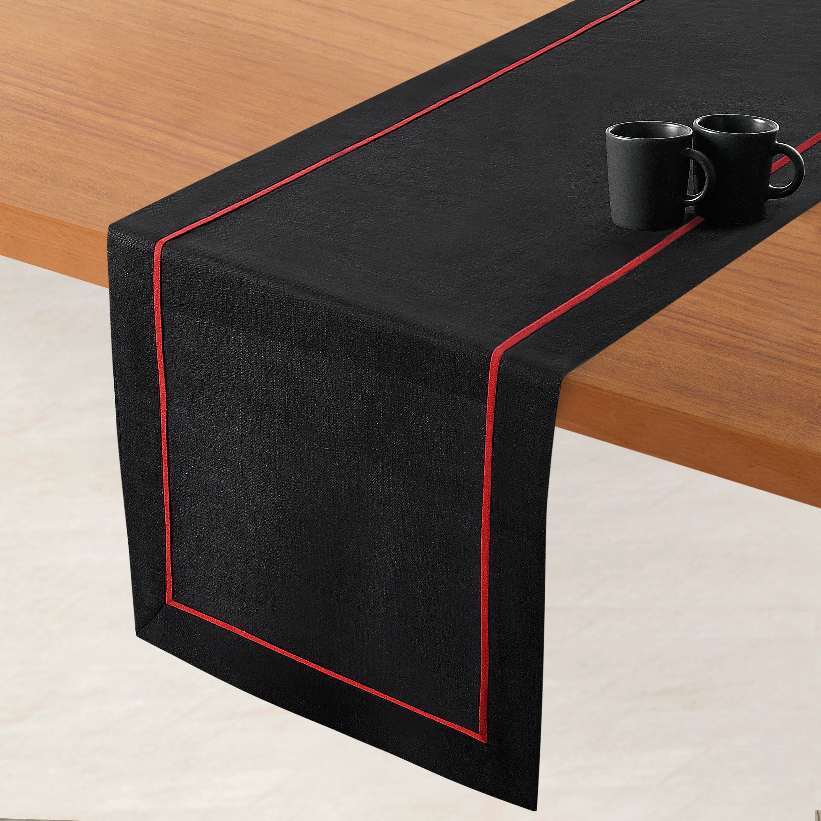 Black and red pure linen table runner styled on a dining table