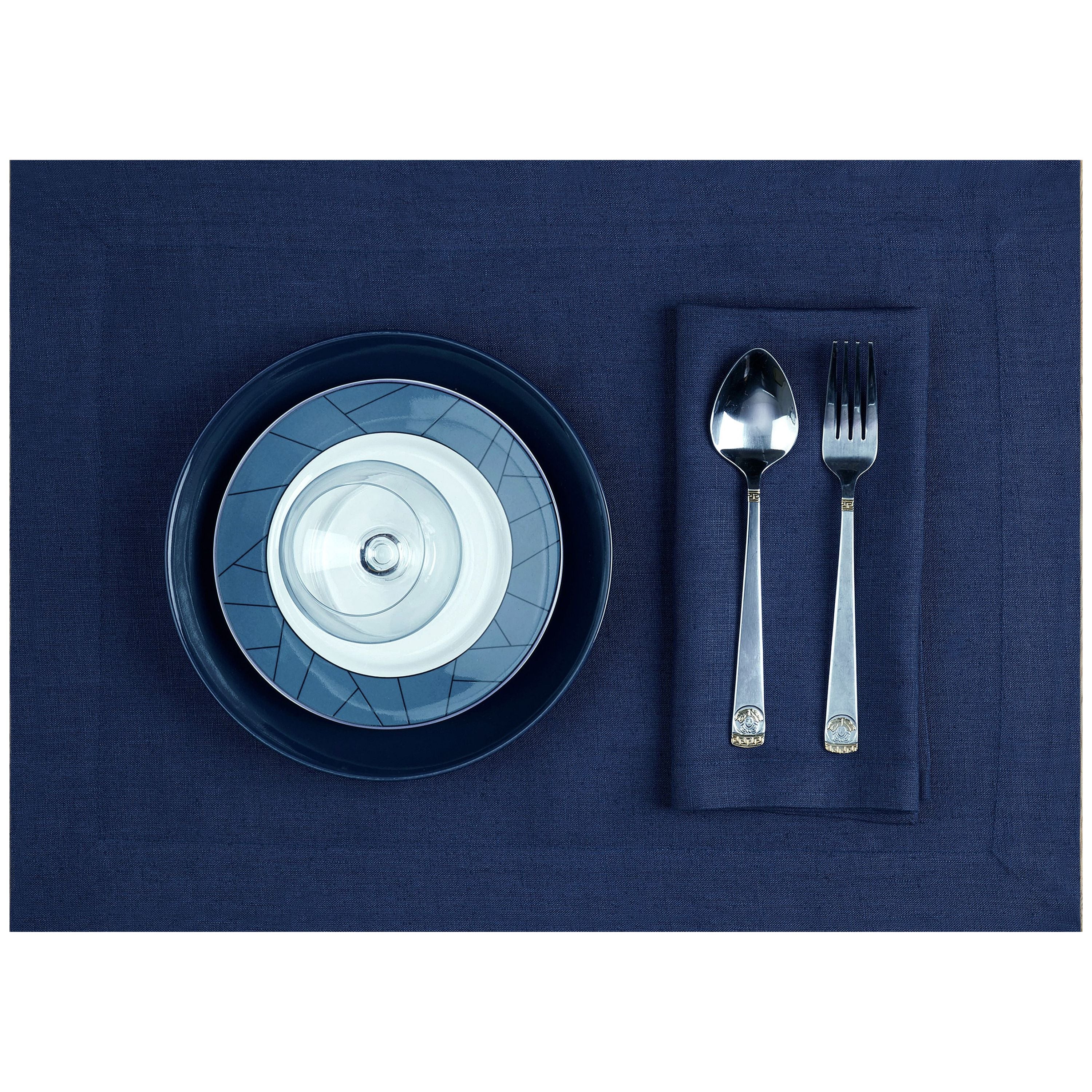 Navy blue and white pure linen placemats with matching D'Moksha table linens