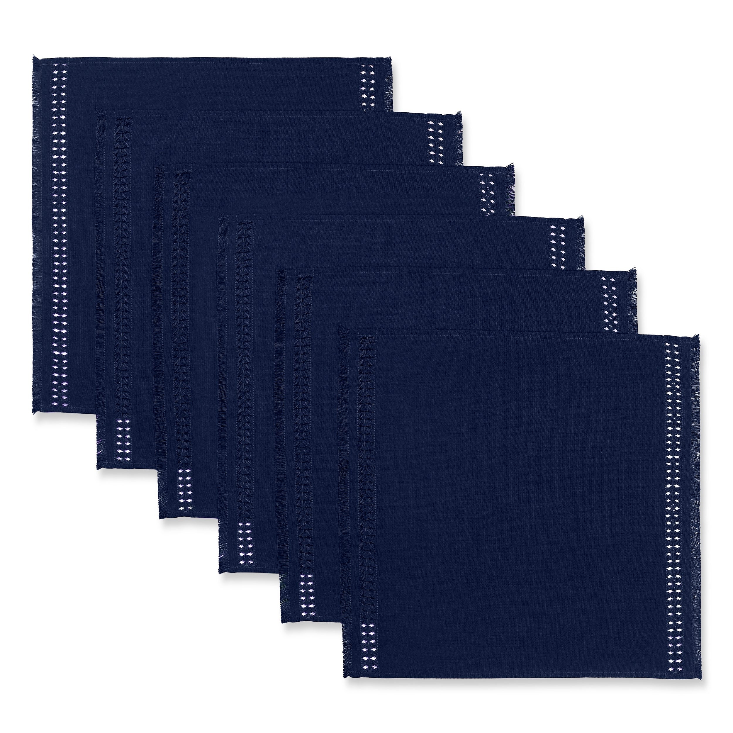 Navy blue faux linen dinner napkins styled on a dining table