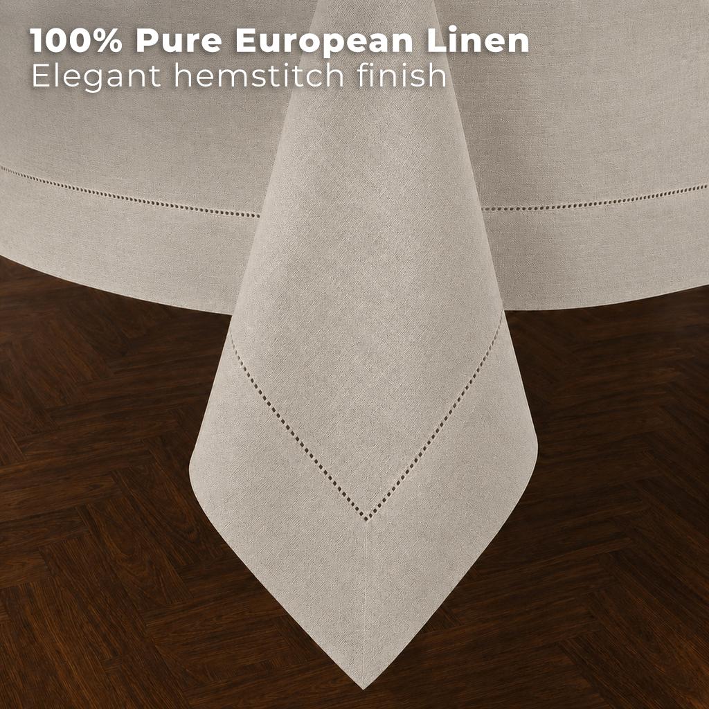 Light natural pure linen tablecloth styled on a dining table