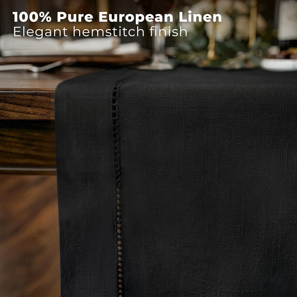 Black pure linen table runner styled on a dining table