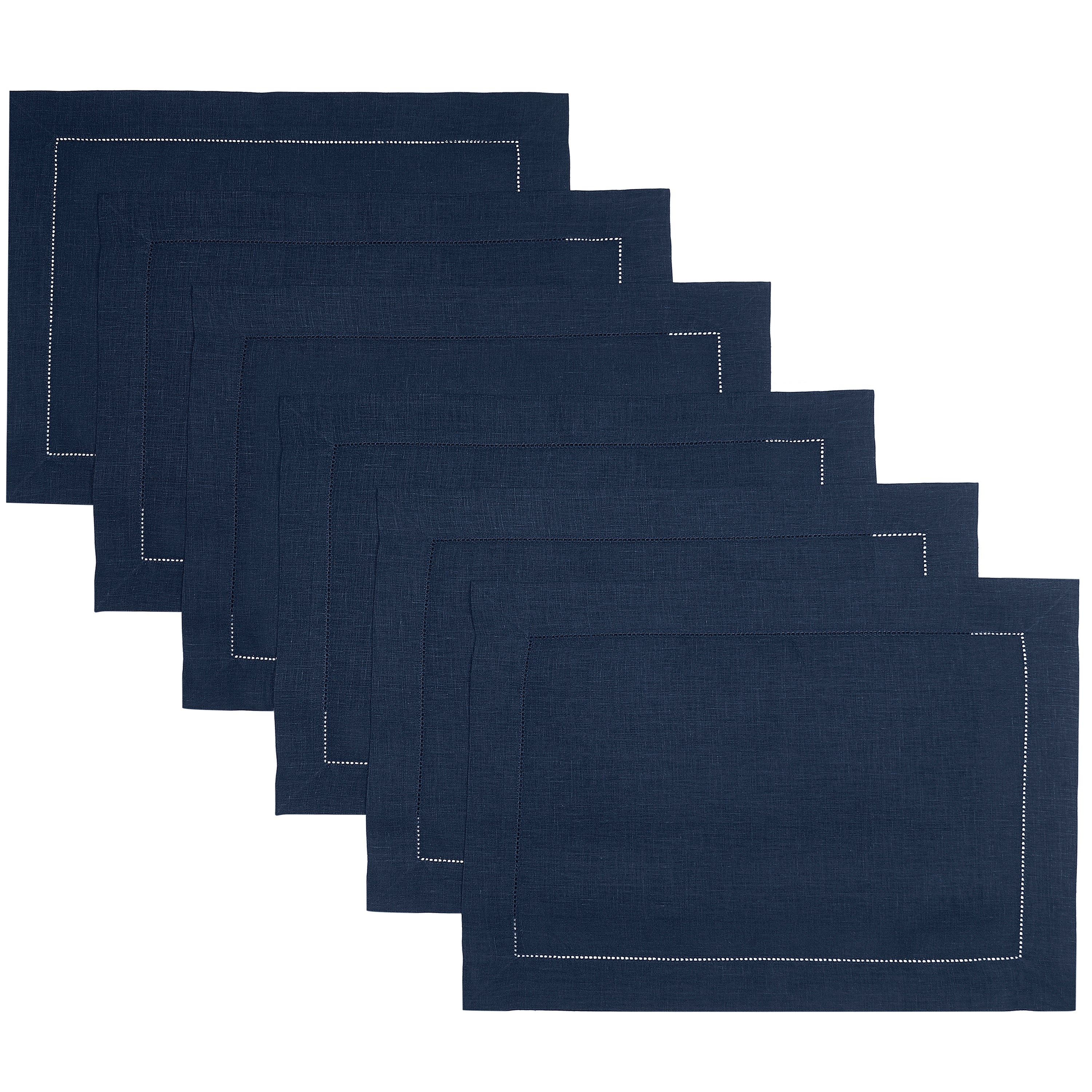 Navy blue pure linen placemats with hemstitch edge, 14 x 19 inches, set of 6