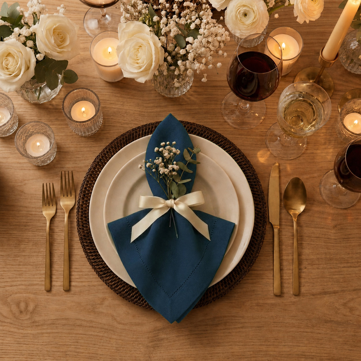 Navy blue pure linen dinner napkins styled on a dining table