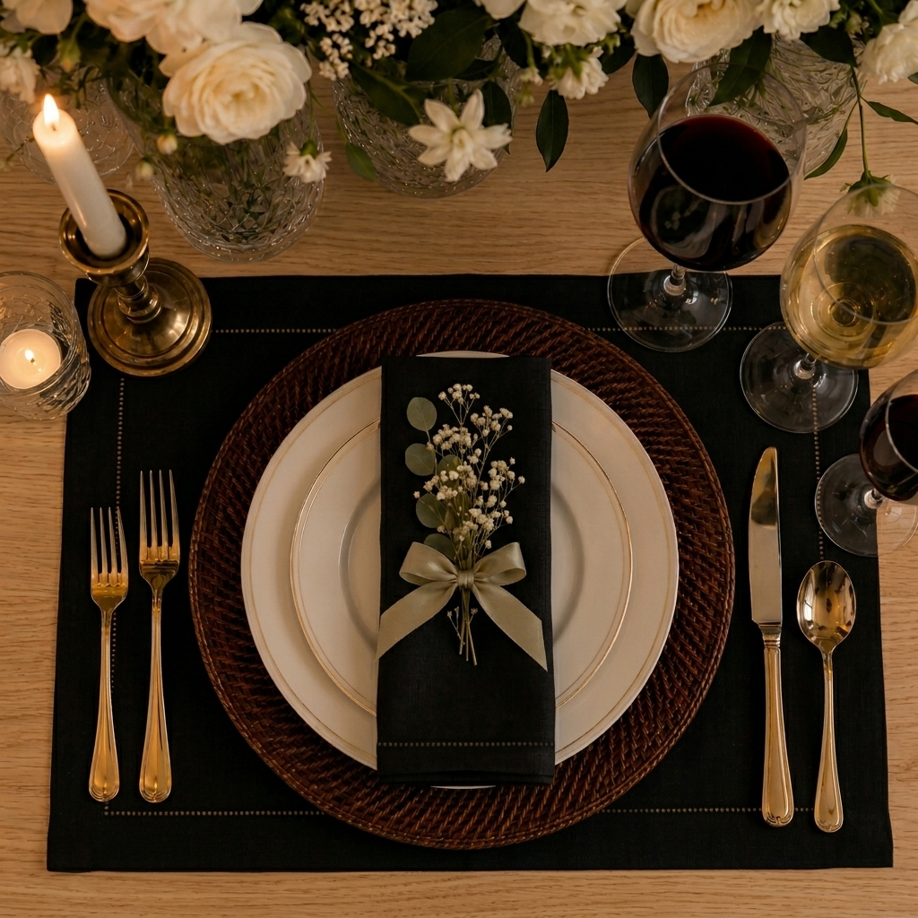 Black pure linen placemats styled on a dining table