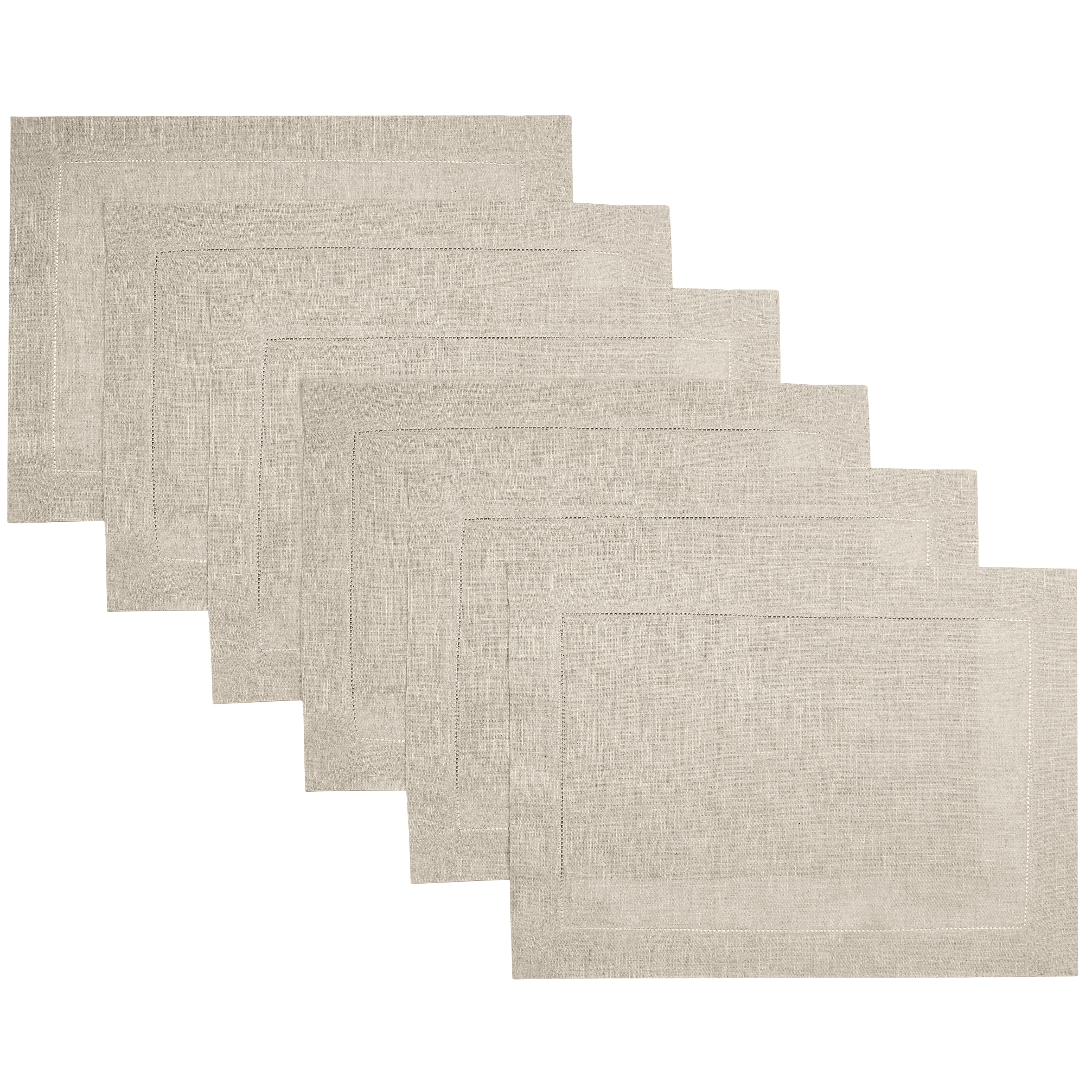 Natural pure linen placemats with hemstitch edge, 14 x 19 inches, set of 6