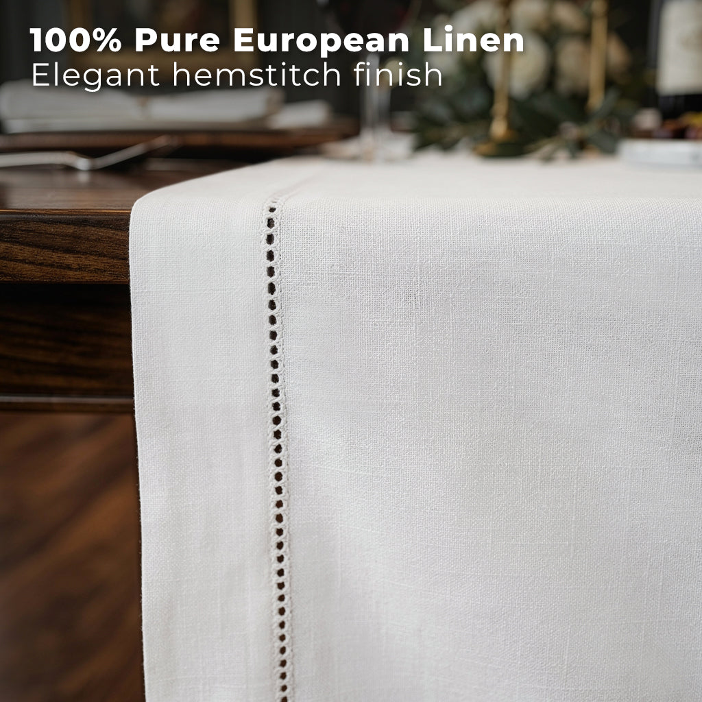 White pure linen table runner styled on a dining table
