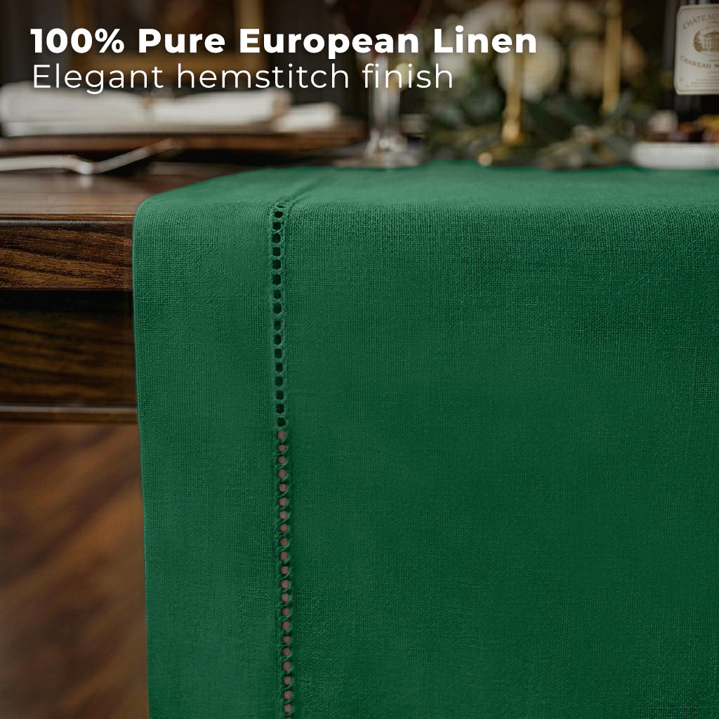 Forest green pure linen table runner styled on a dining table