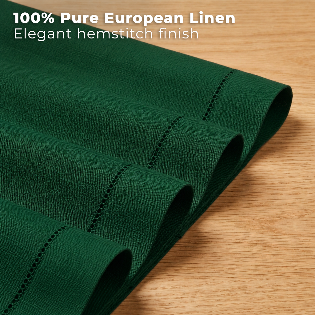 Forest green pure linen placemats with matching D'Moksha table linens