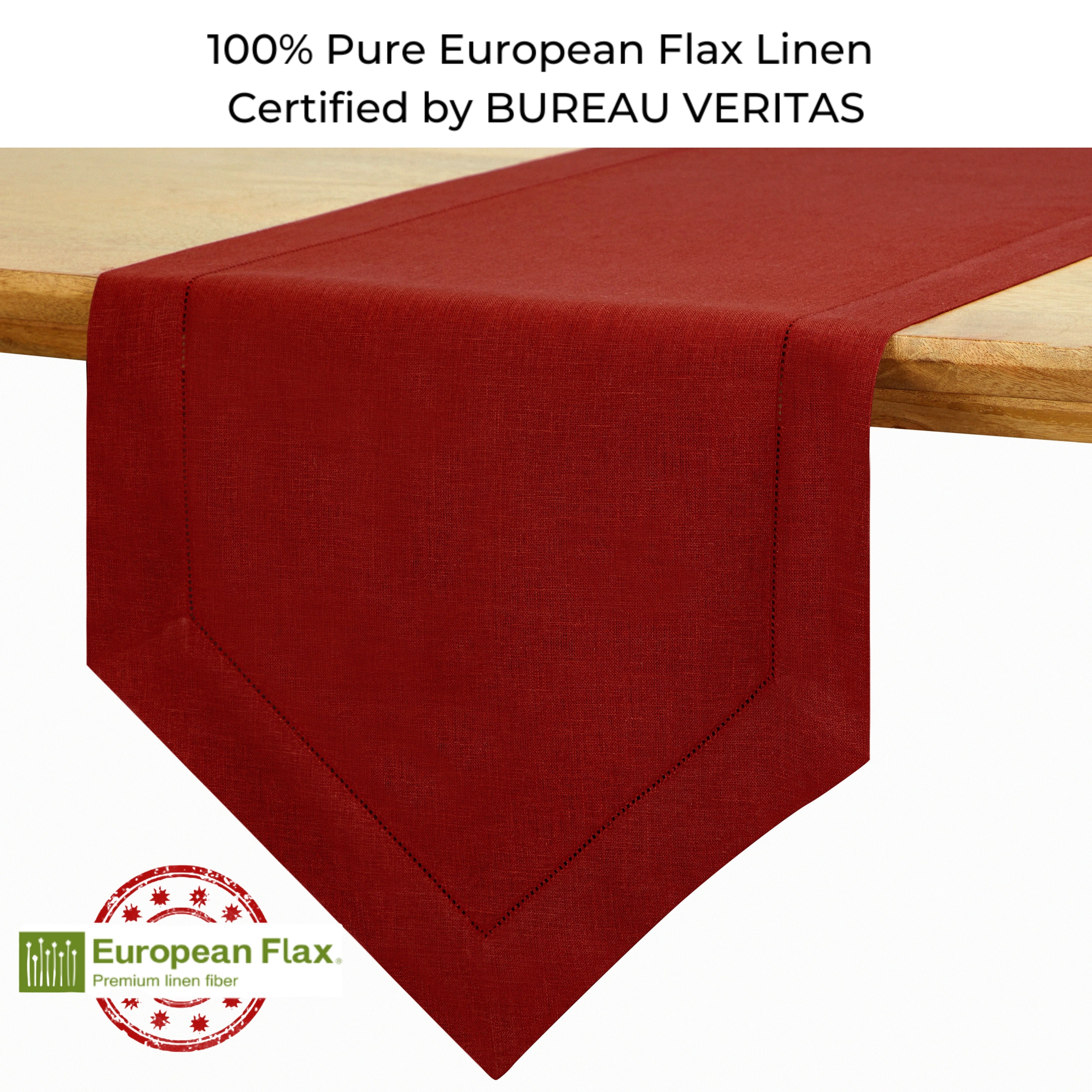Red pure linen table runner styled on a dining table