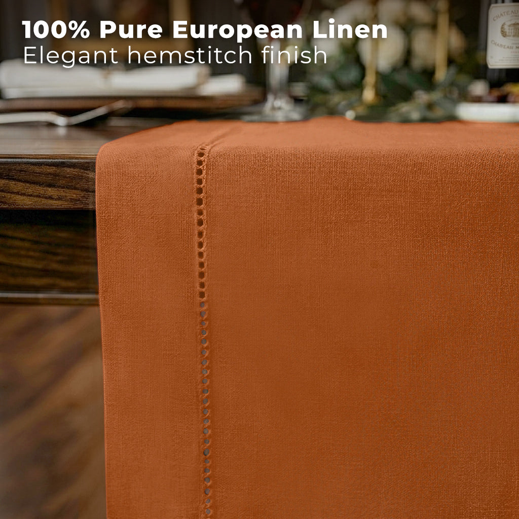 Rust pure linen table runner styled on a dining table