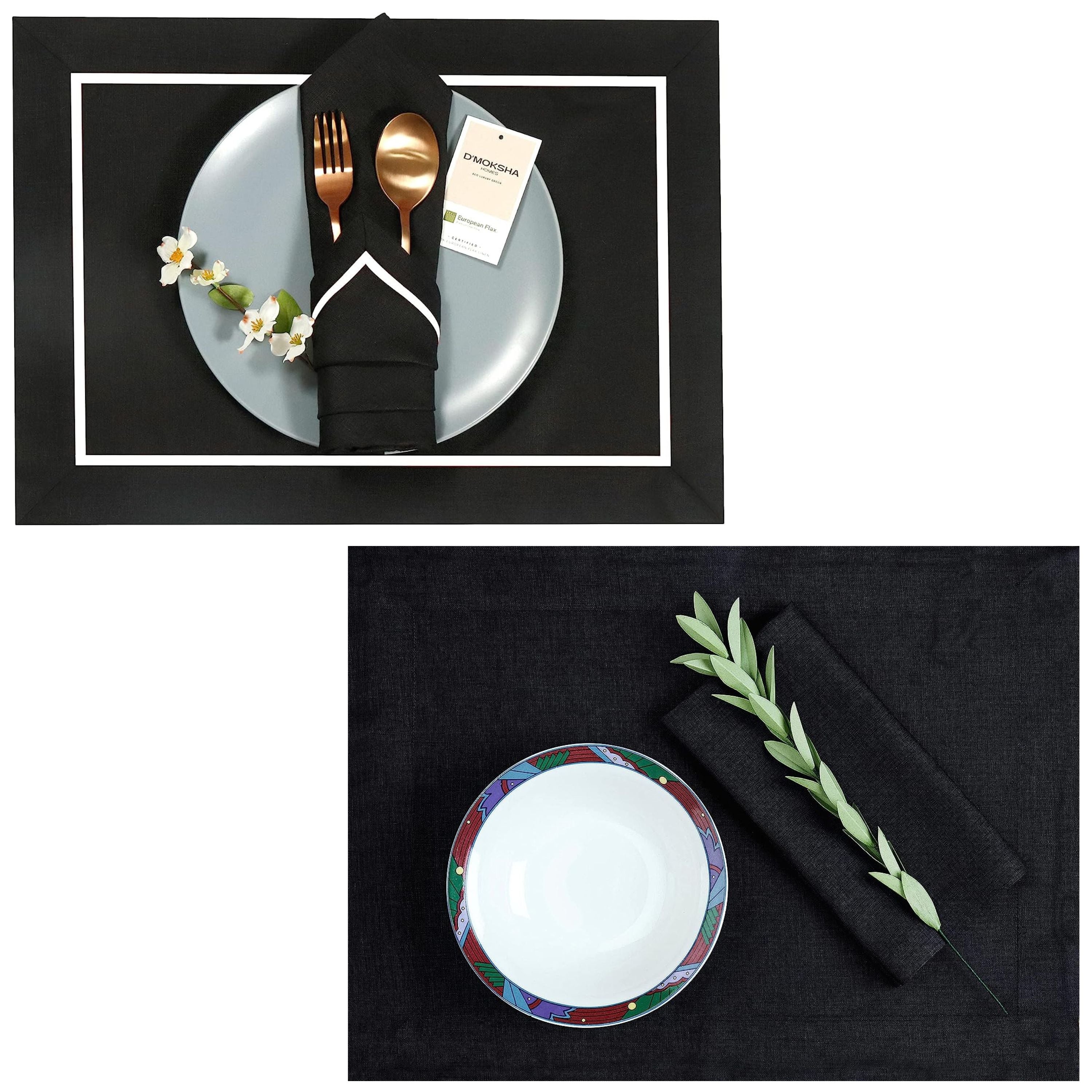 Black and white pure linen placemats styled on a dining table