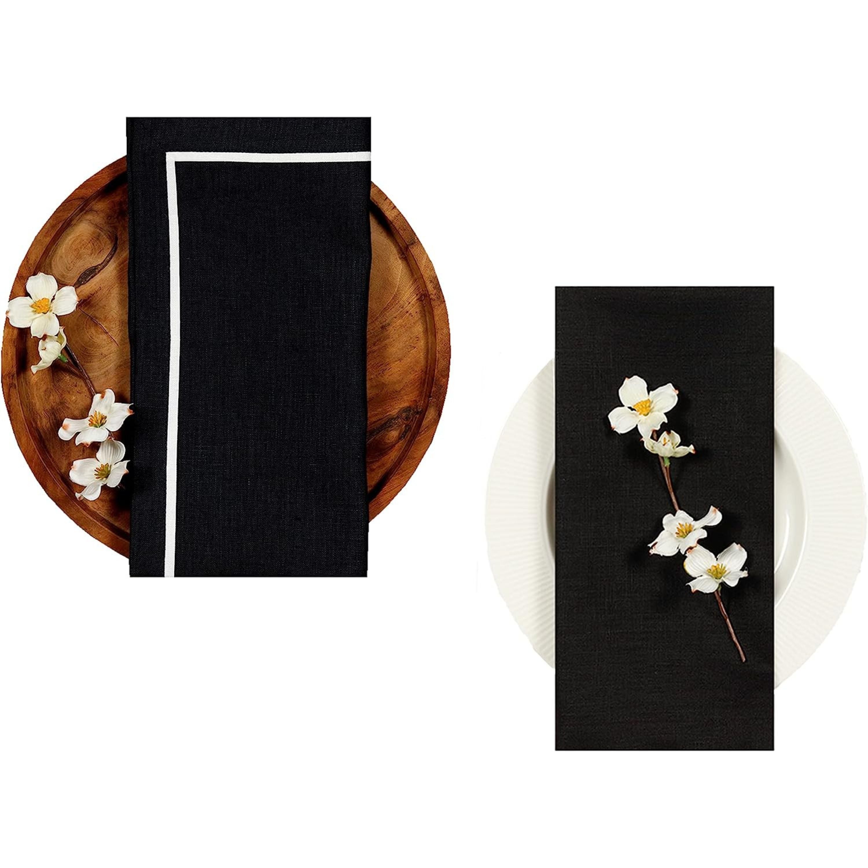 Black and white pure linen dinner napkins with matching D'Moksha table linens