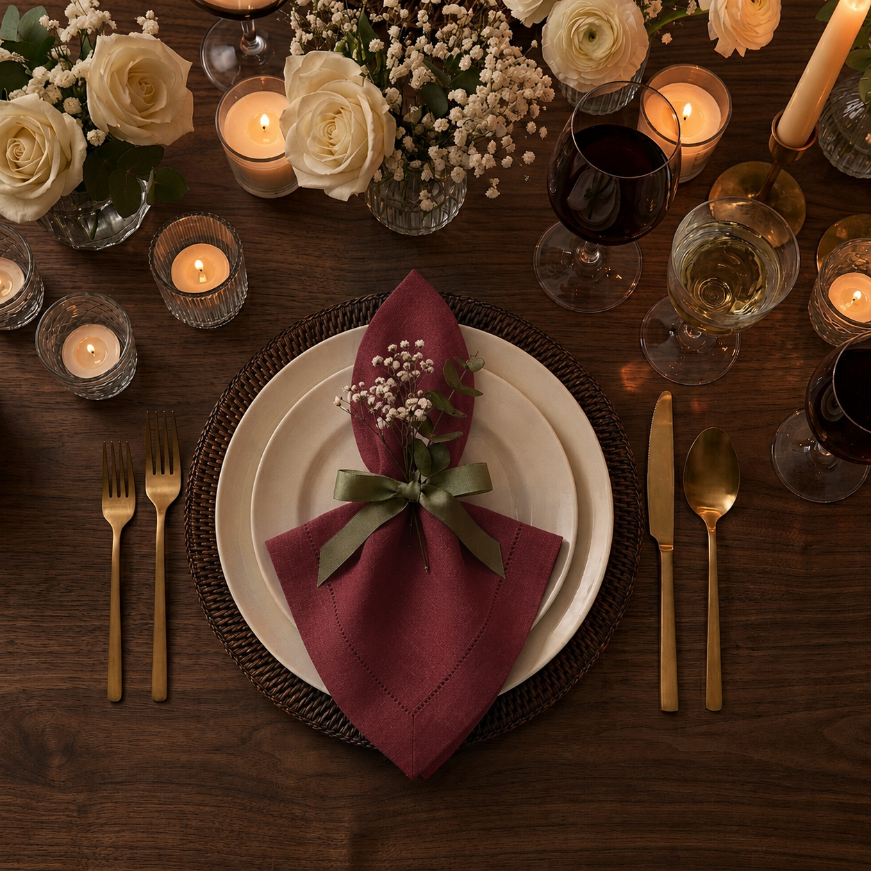 Dark red pure linen dinner napkins styled on a dining table
