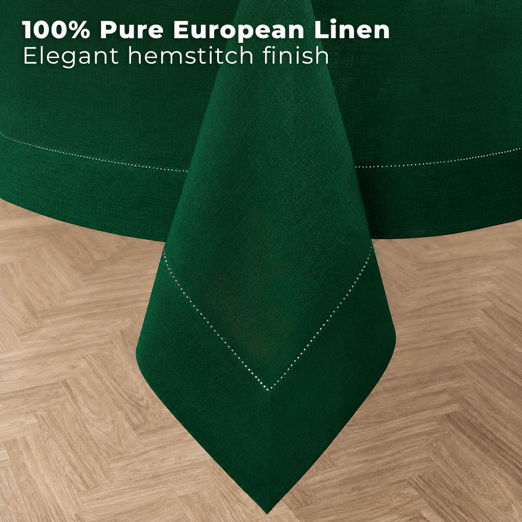 Forest green pure linen tablecloth styled on a dining table