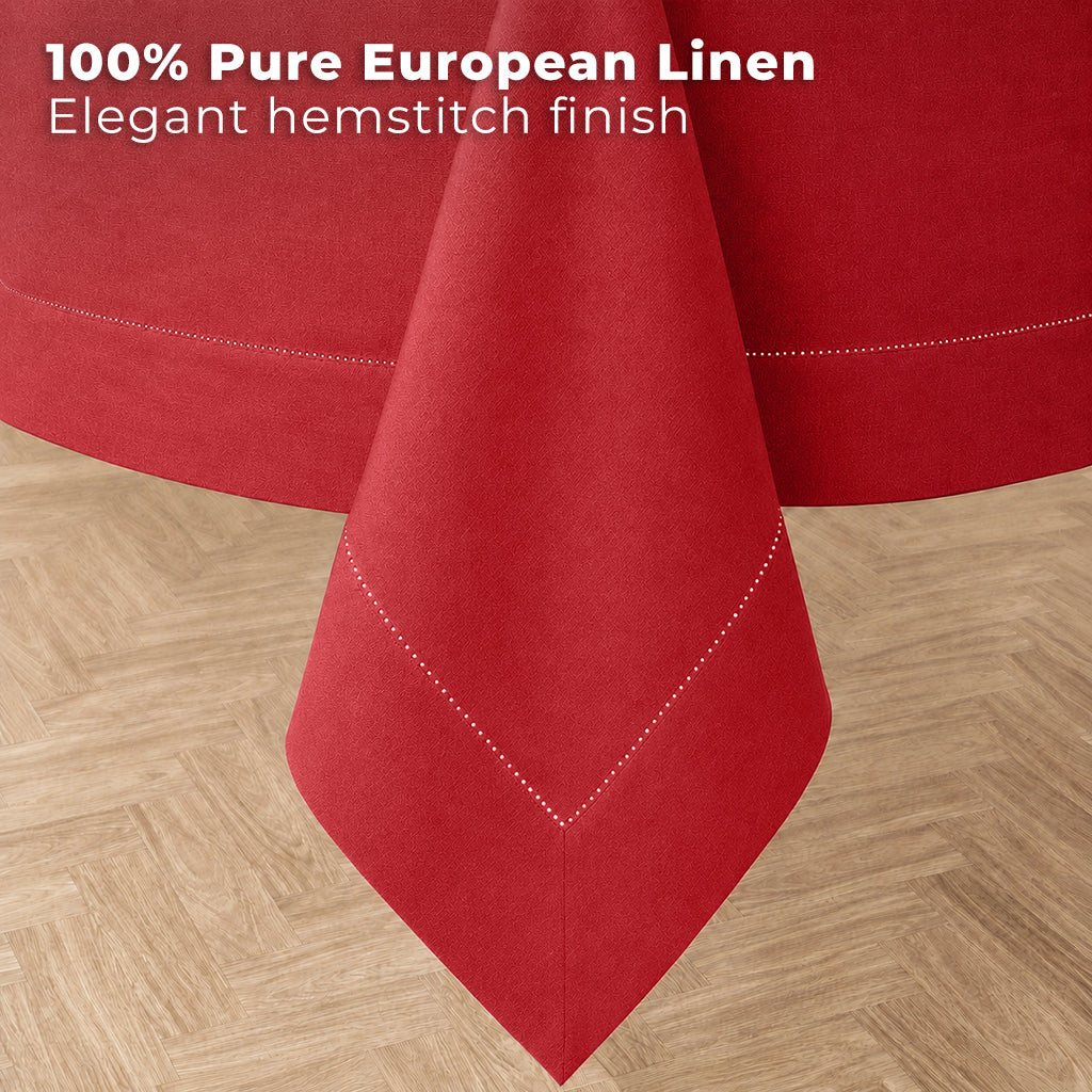 Bright red pure linen tablecloth styled on a dining table