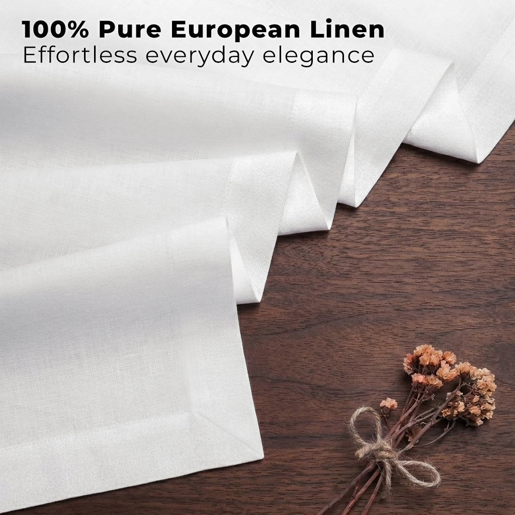 White pure linen table runner styled on a dining table