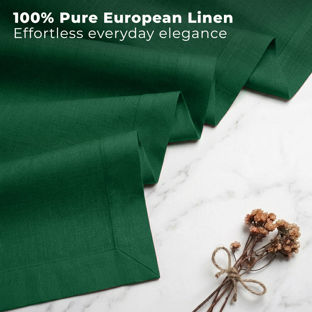 Forest green pure linen table runner styled on a dining table
