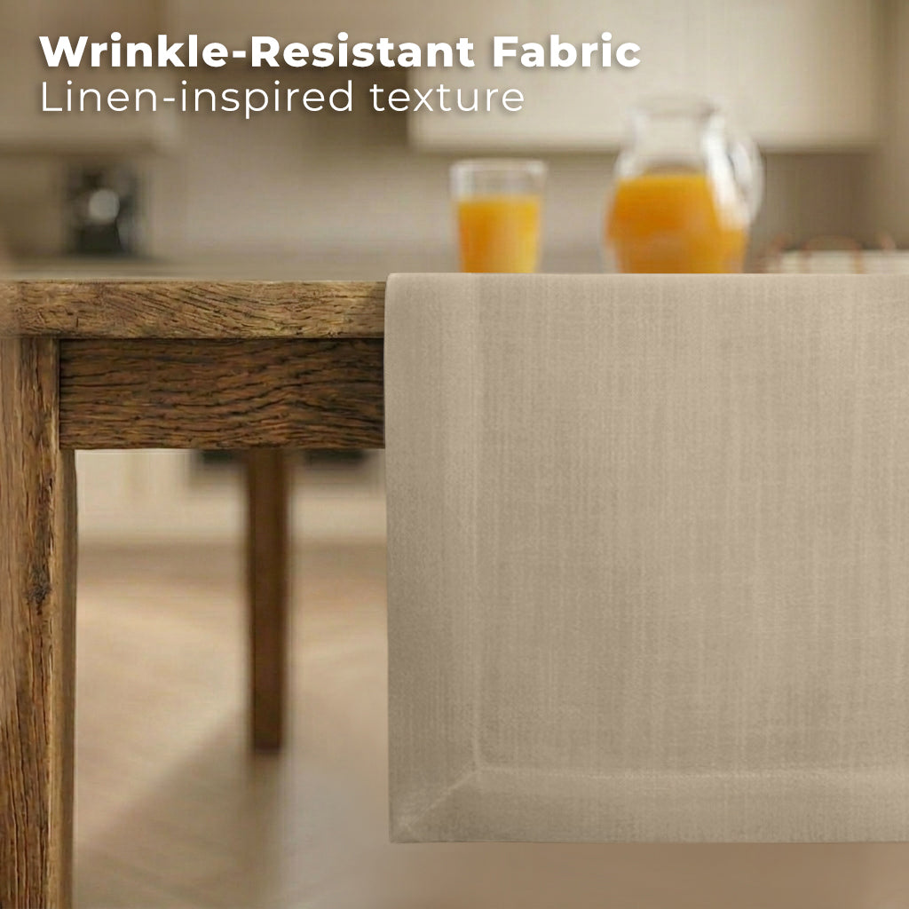 Natural faux linen table runner styled on a dining table