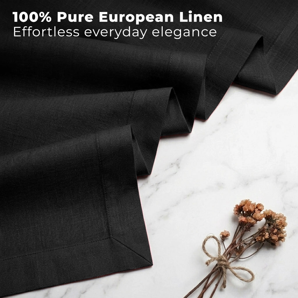 Black pure linen table runner styled on a dining table