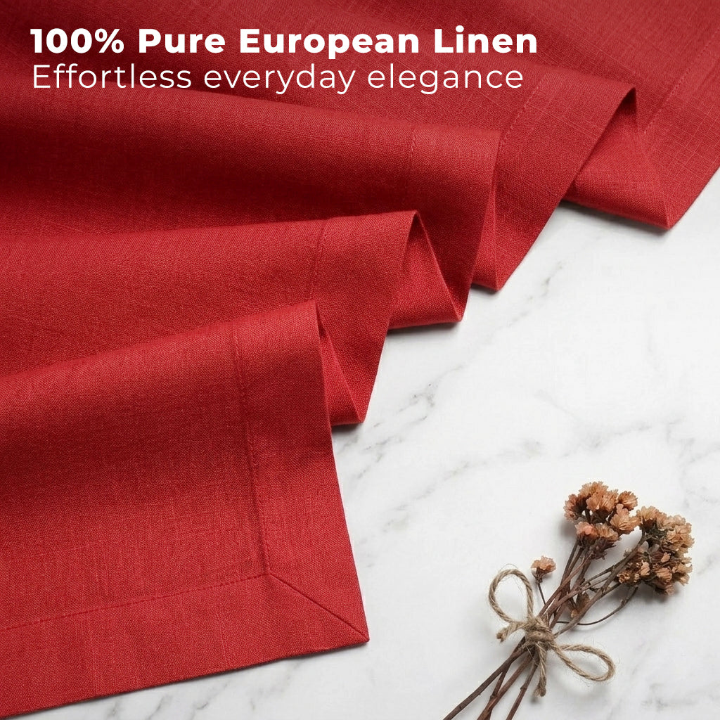 Bright red pure linen table runner styled on a dining table