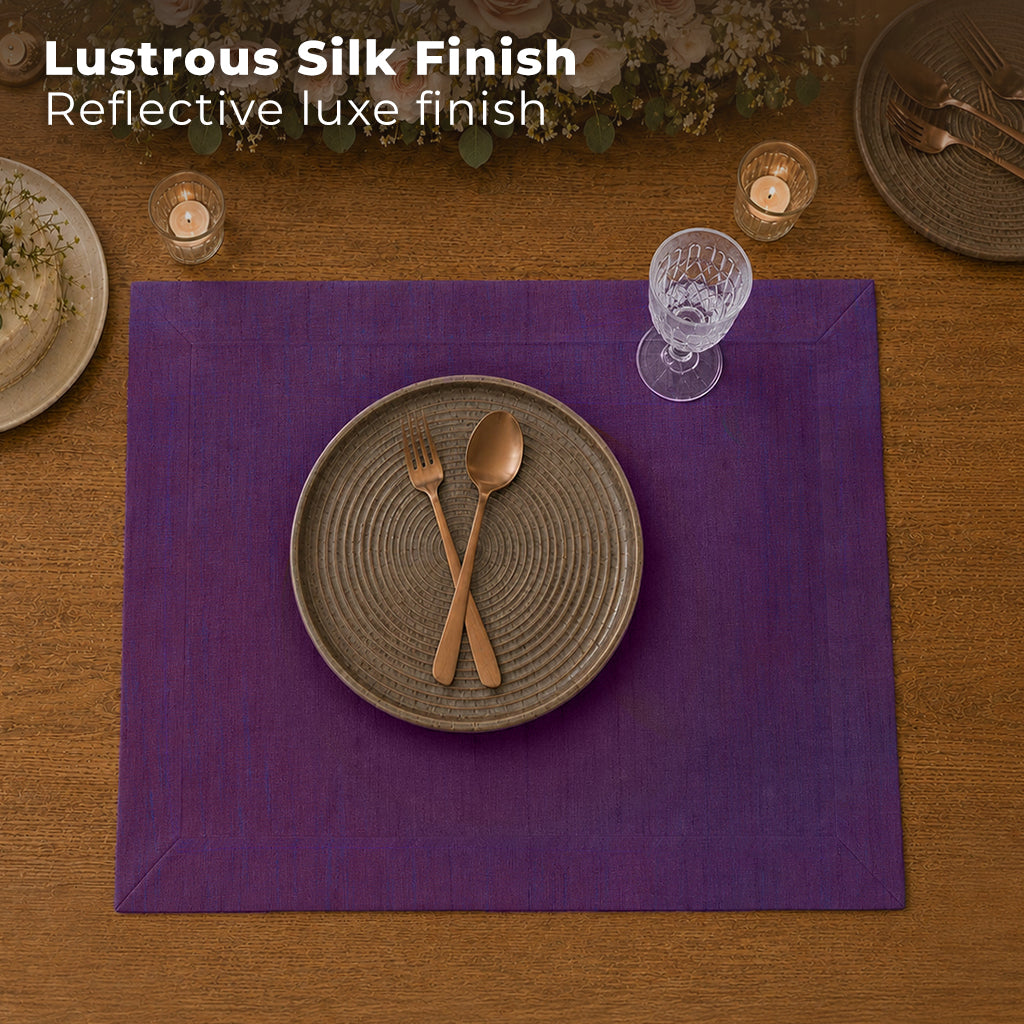 Purple Luxe Shine placemats styled on a dining table