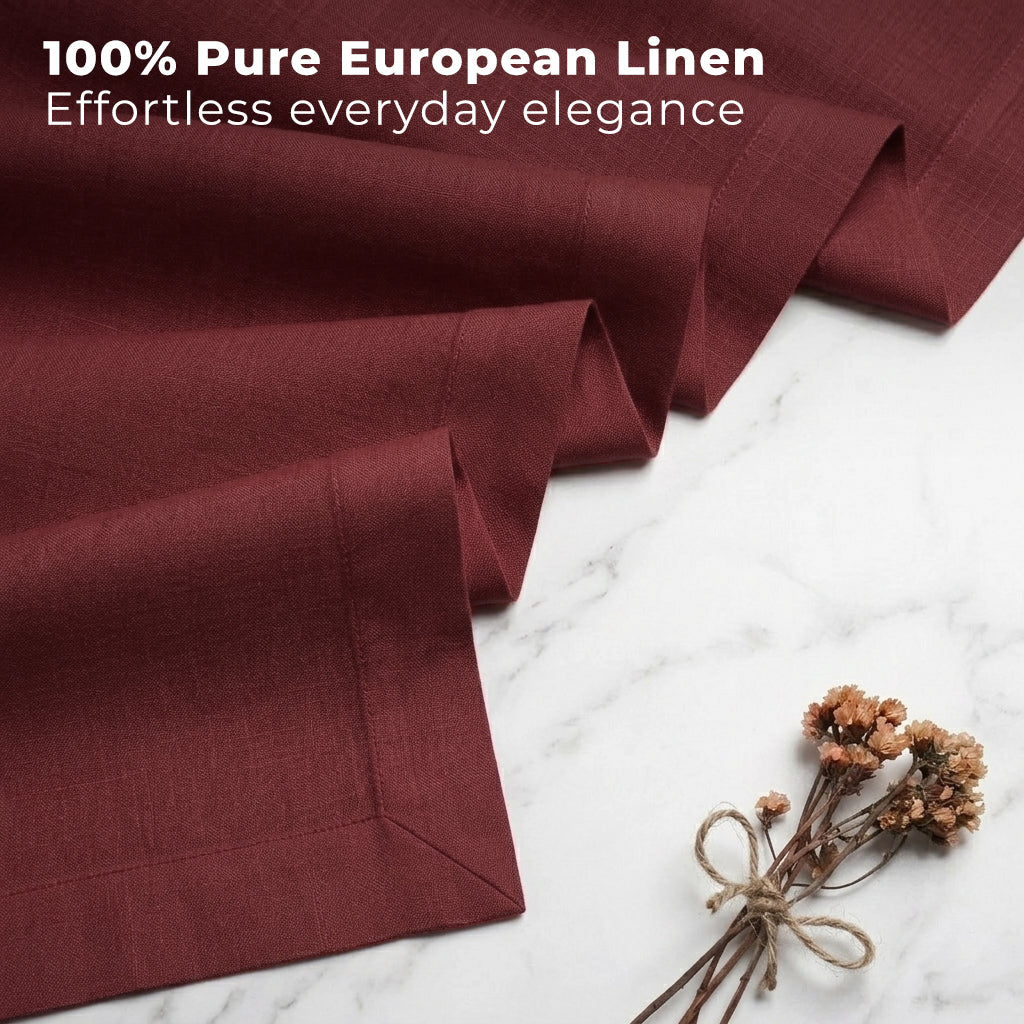 Dark red pure linen table runner styled on a dining table