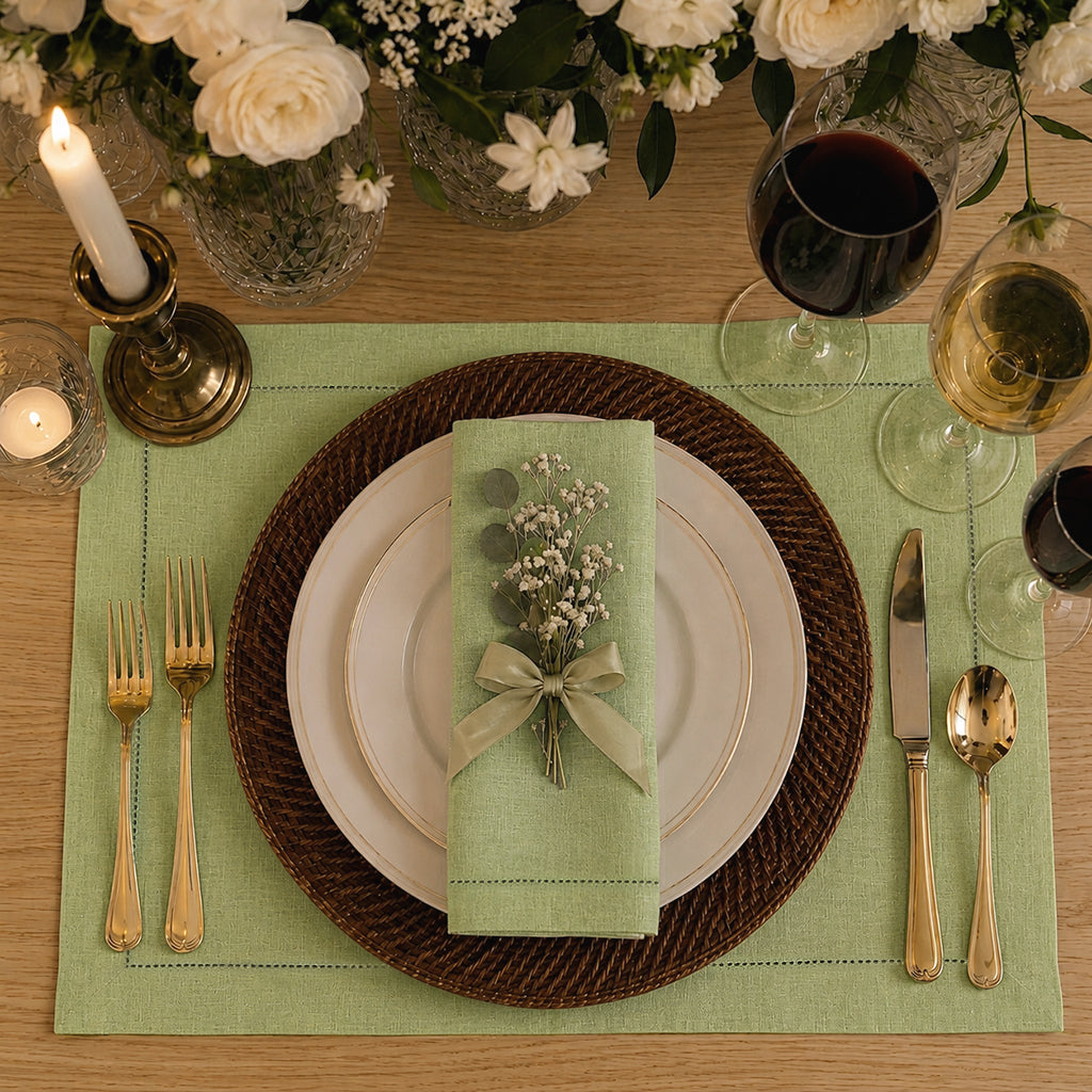 Sage green pure linen placemats styled on a dining table