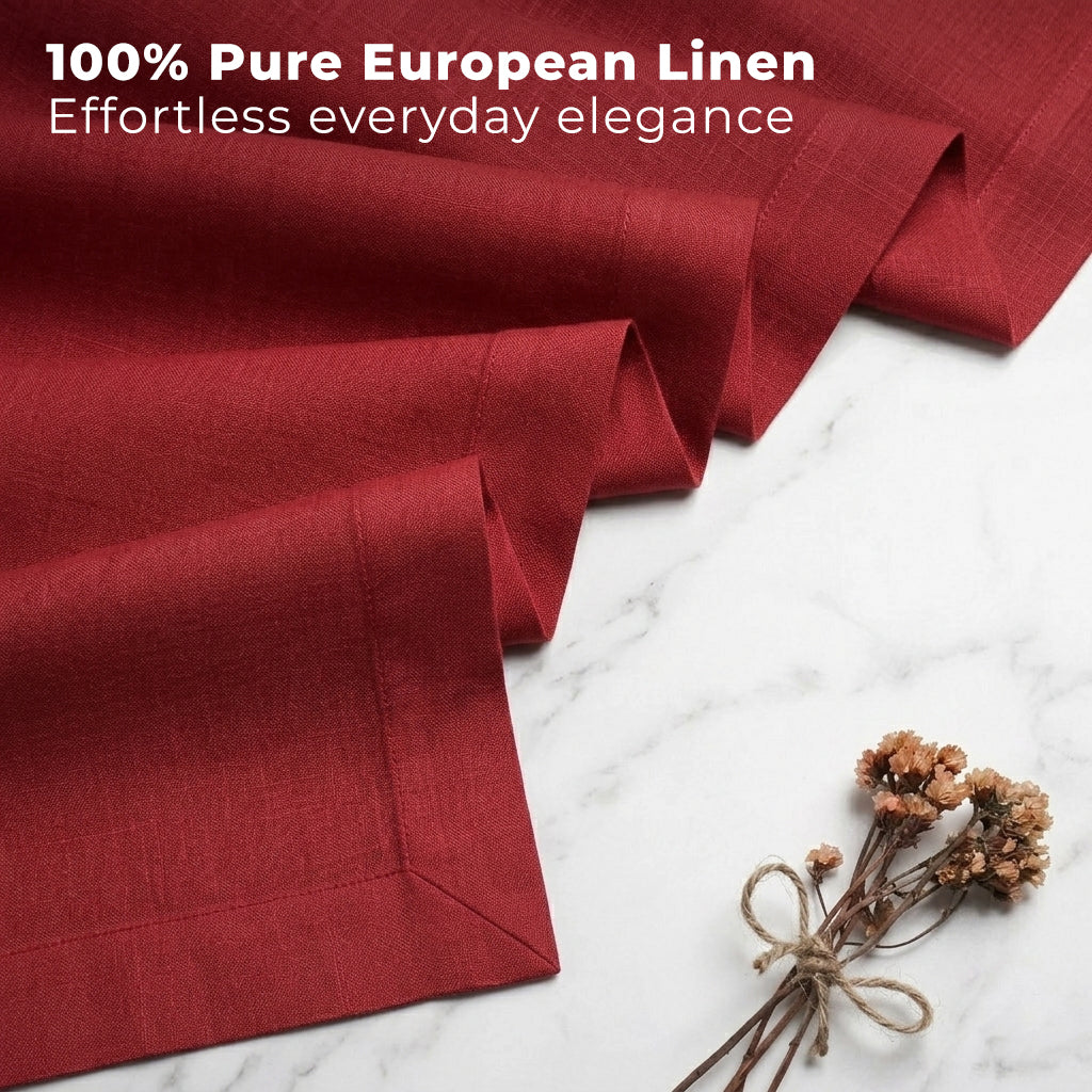 Red pure linen table runner styled on a dining table