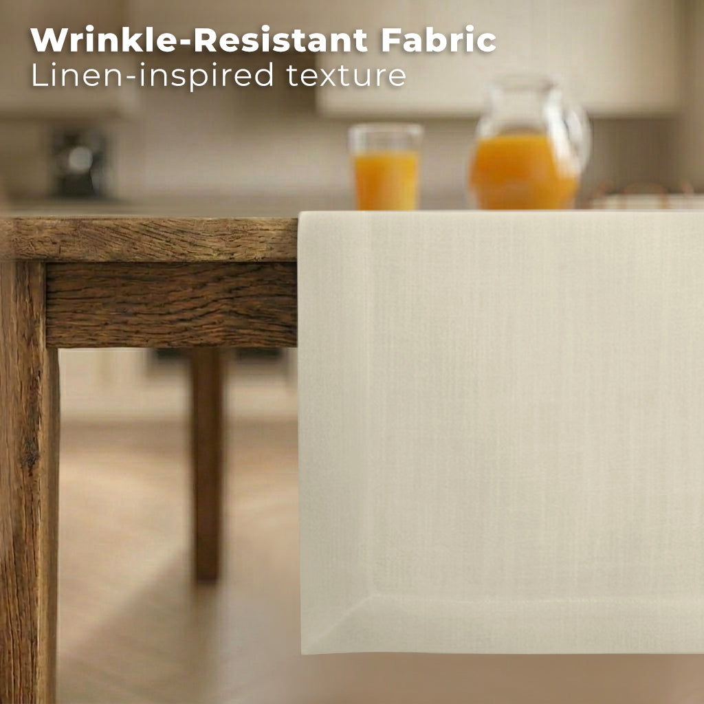 Ivory faux linen table runner styled on a dining table