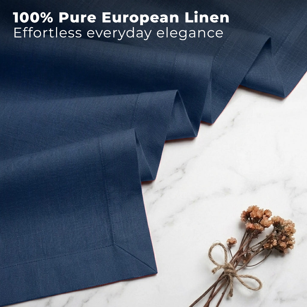 Navy blue pure linen table runner styled on a dining table