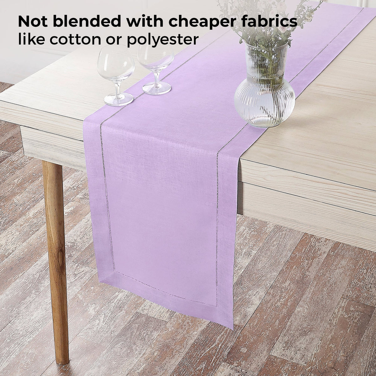 Close-up of the hemstitch edge on a lavender linen table runner