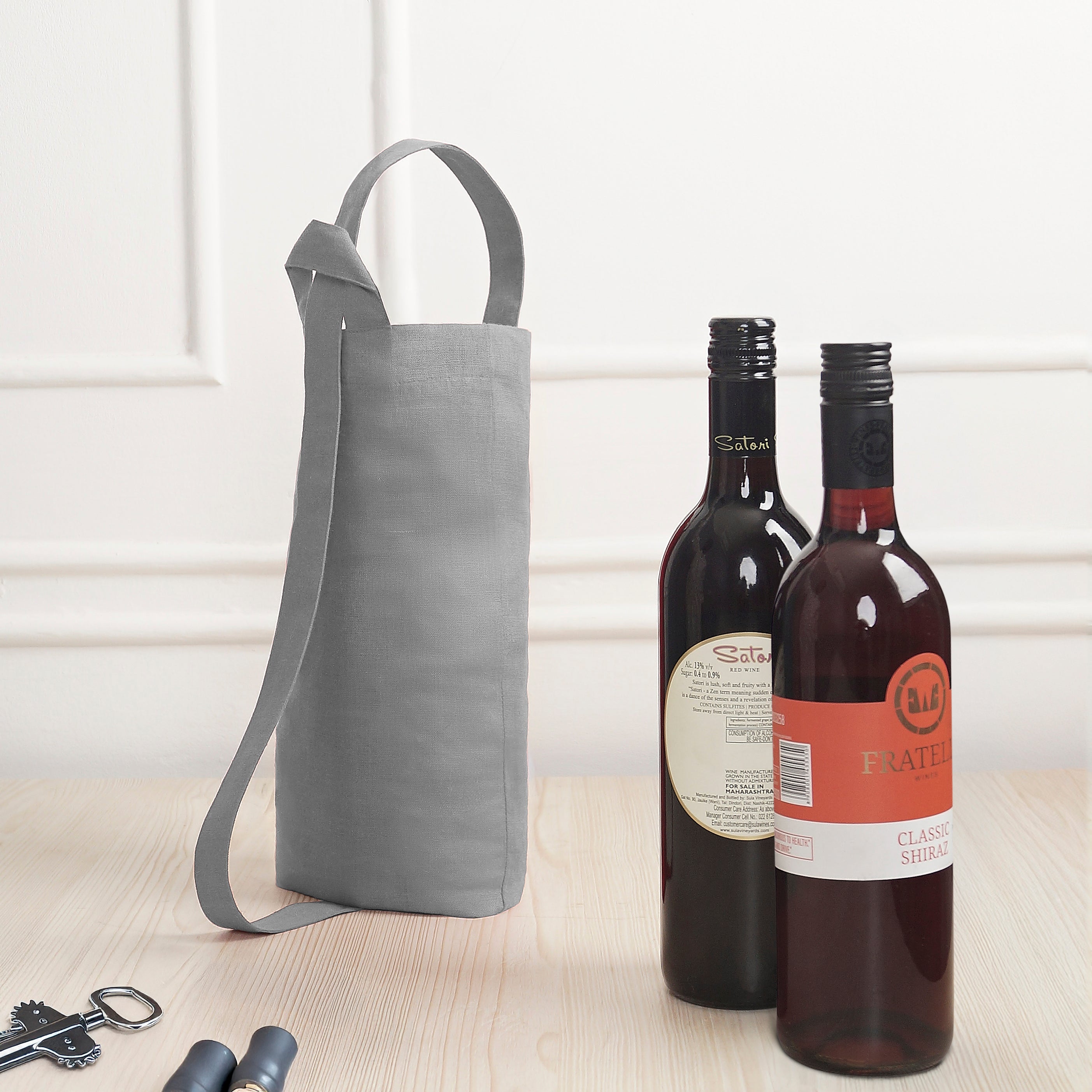 Silver Grey Linen Wine Bag