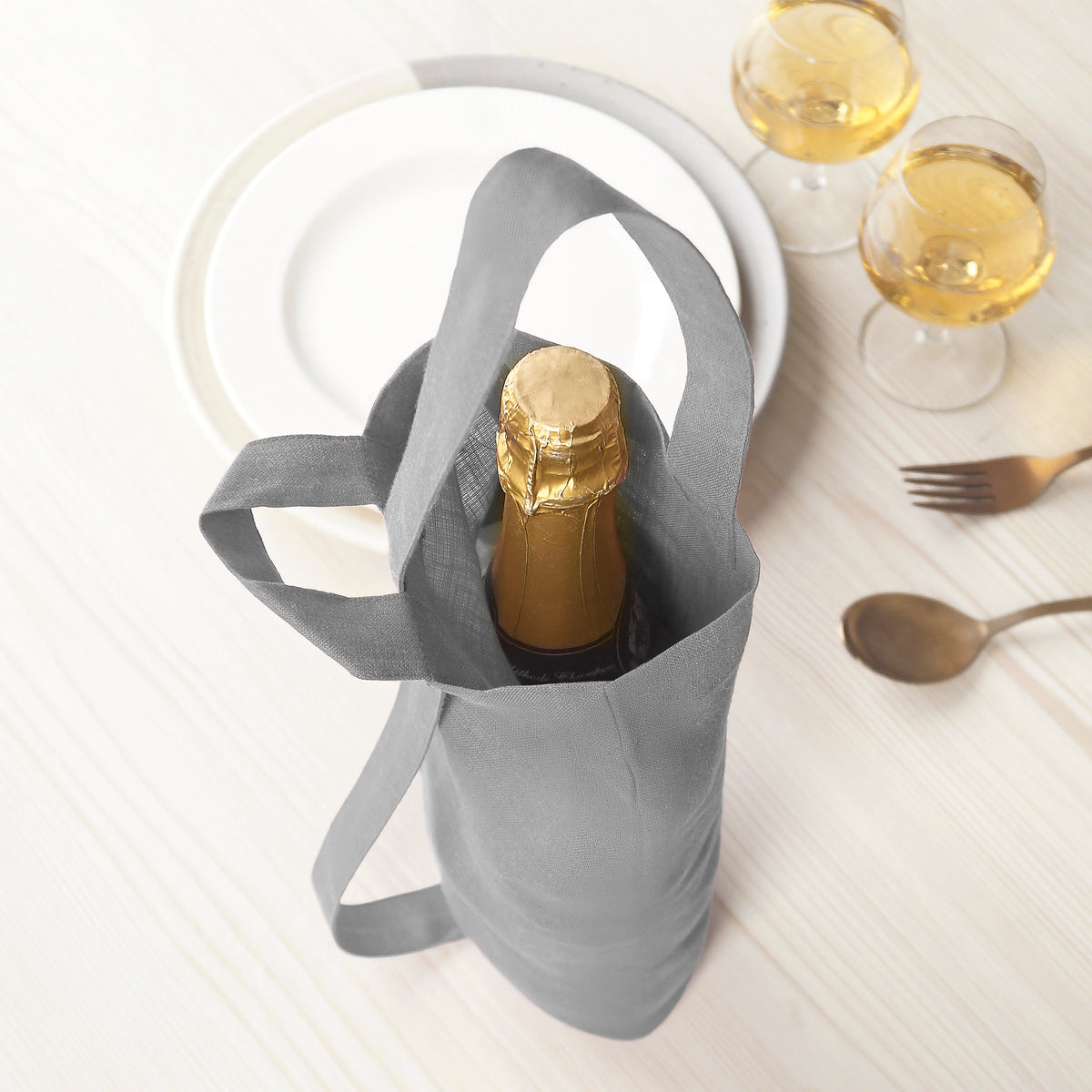 Silver Grey Linen Wine Bag