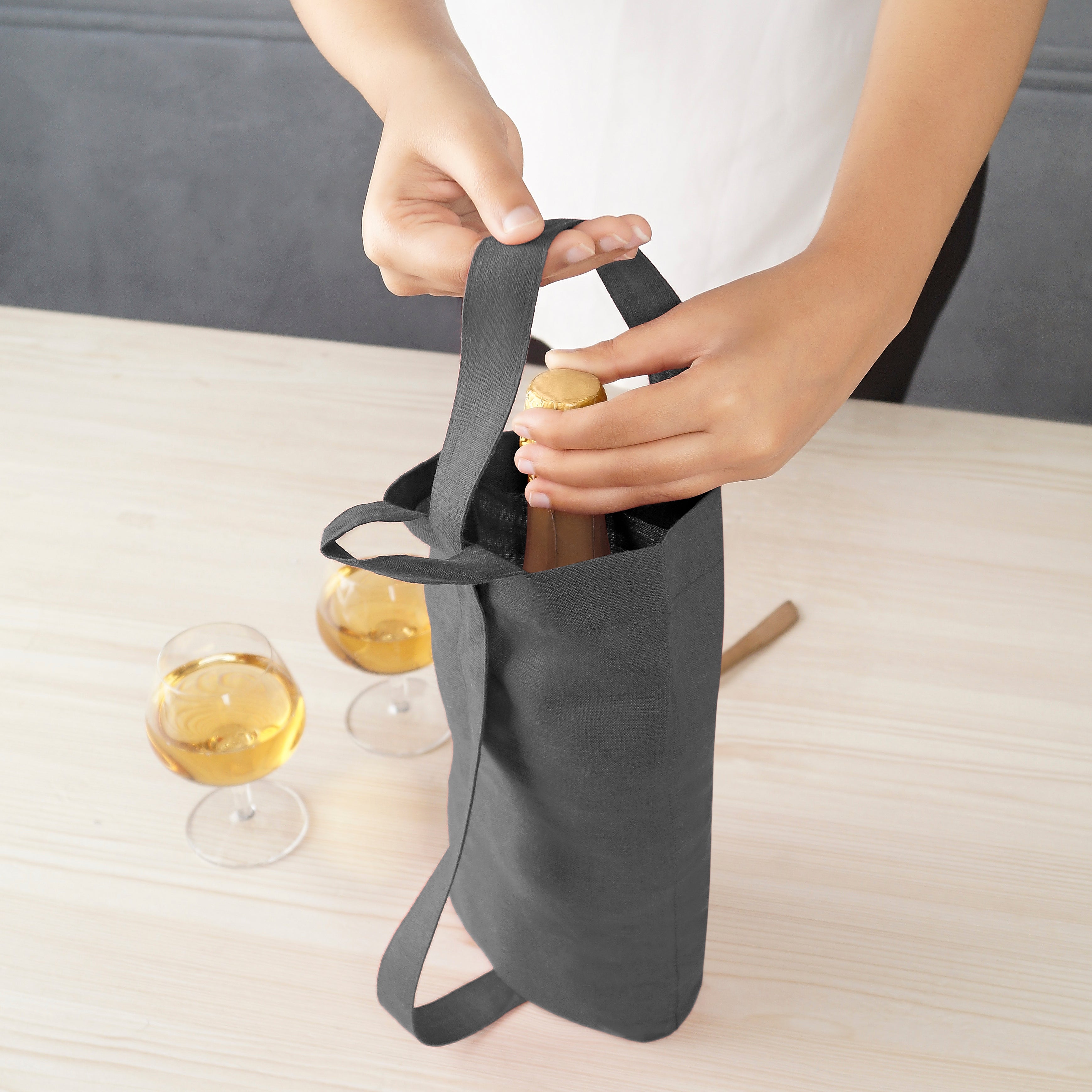 Charcoal Grey Linen Wine Bag