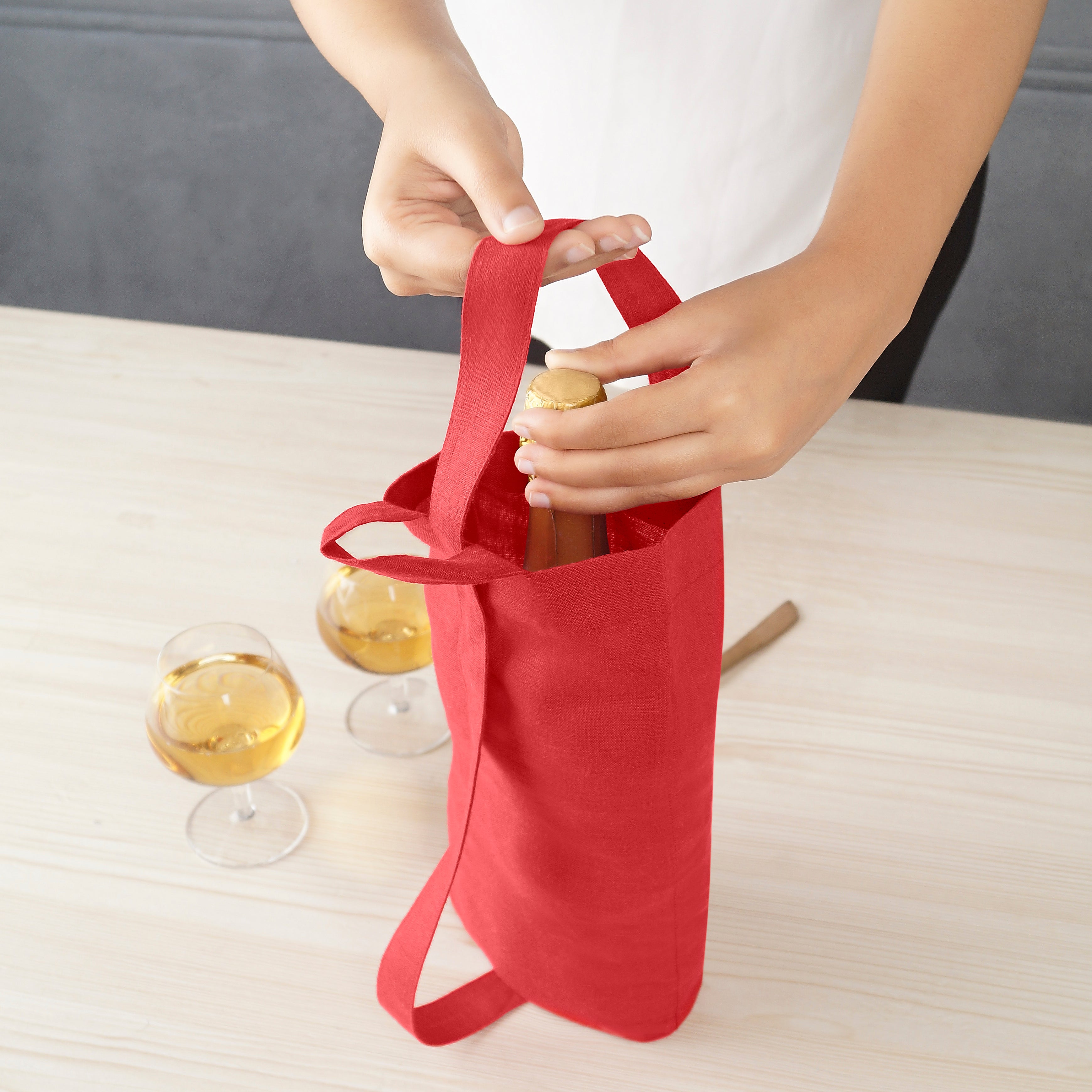 Bright Red Linen Wine Bag