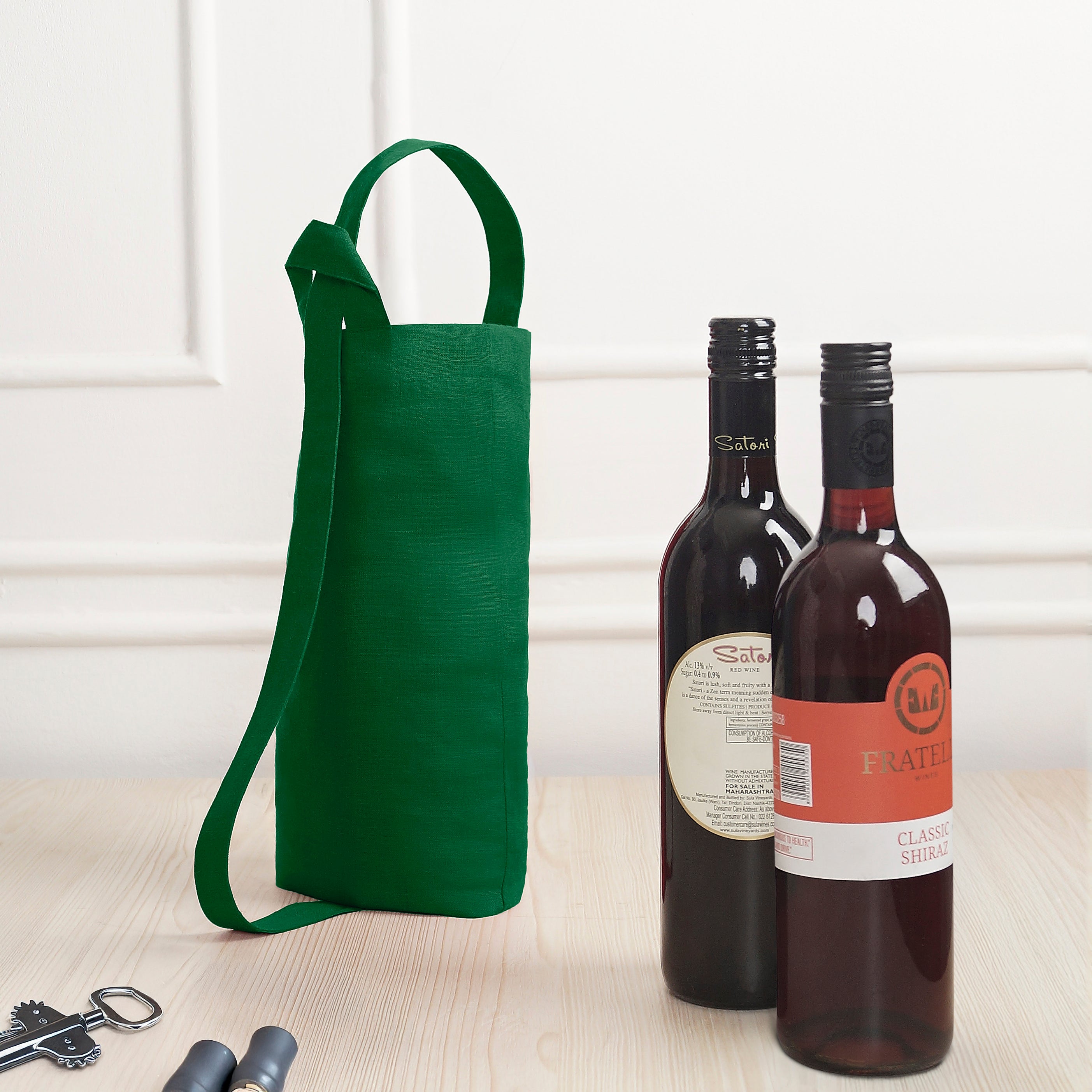 Forest Green Linen Wine Bag