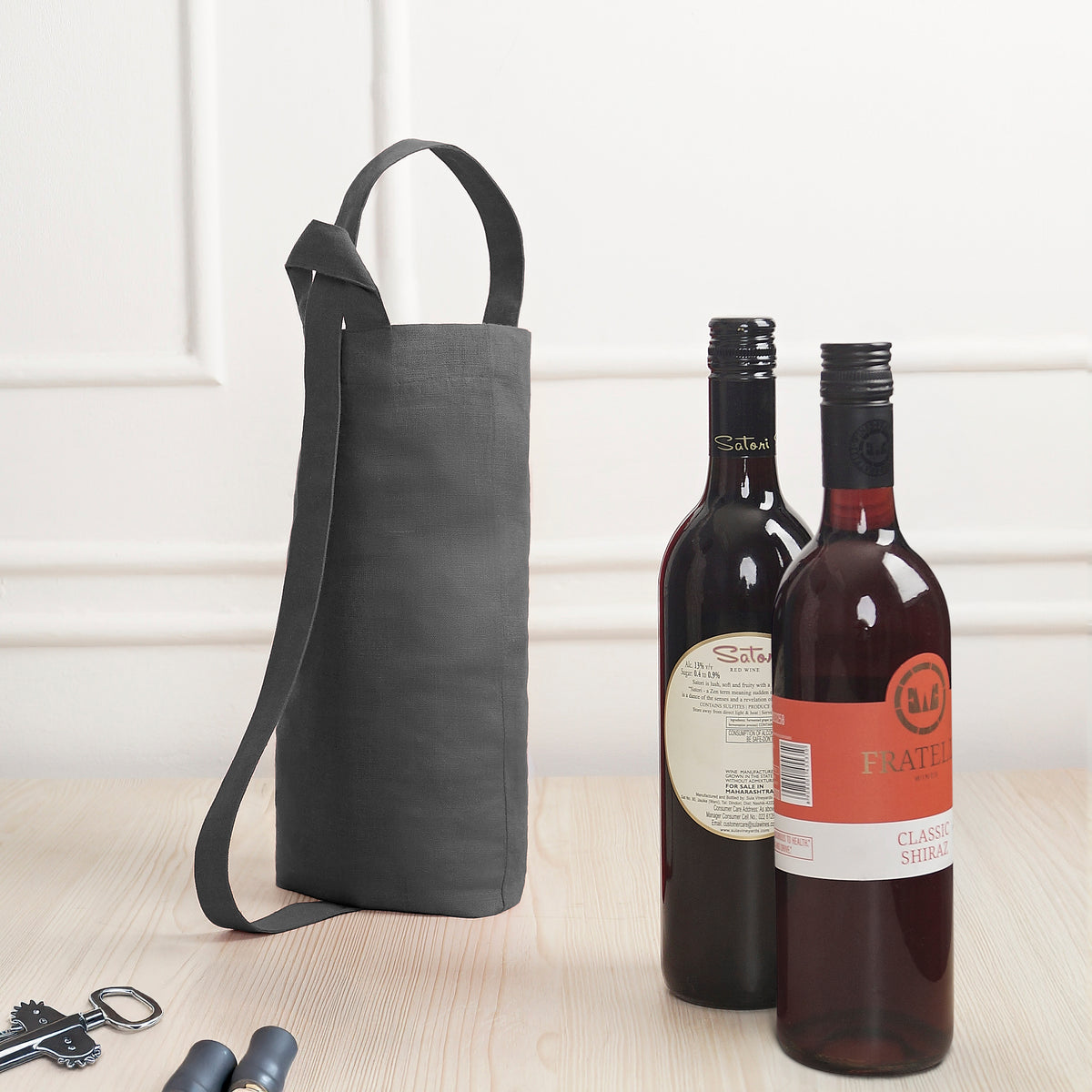 Charcoal Grey Linen Wine Bag