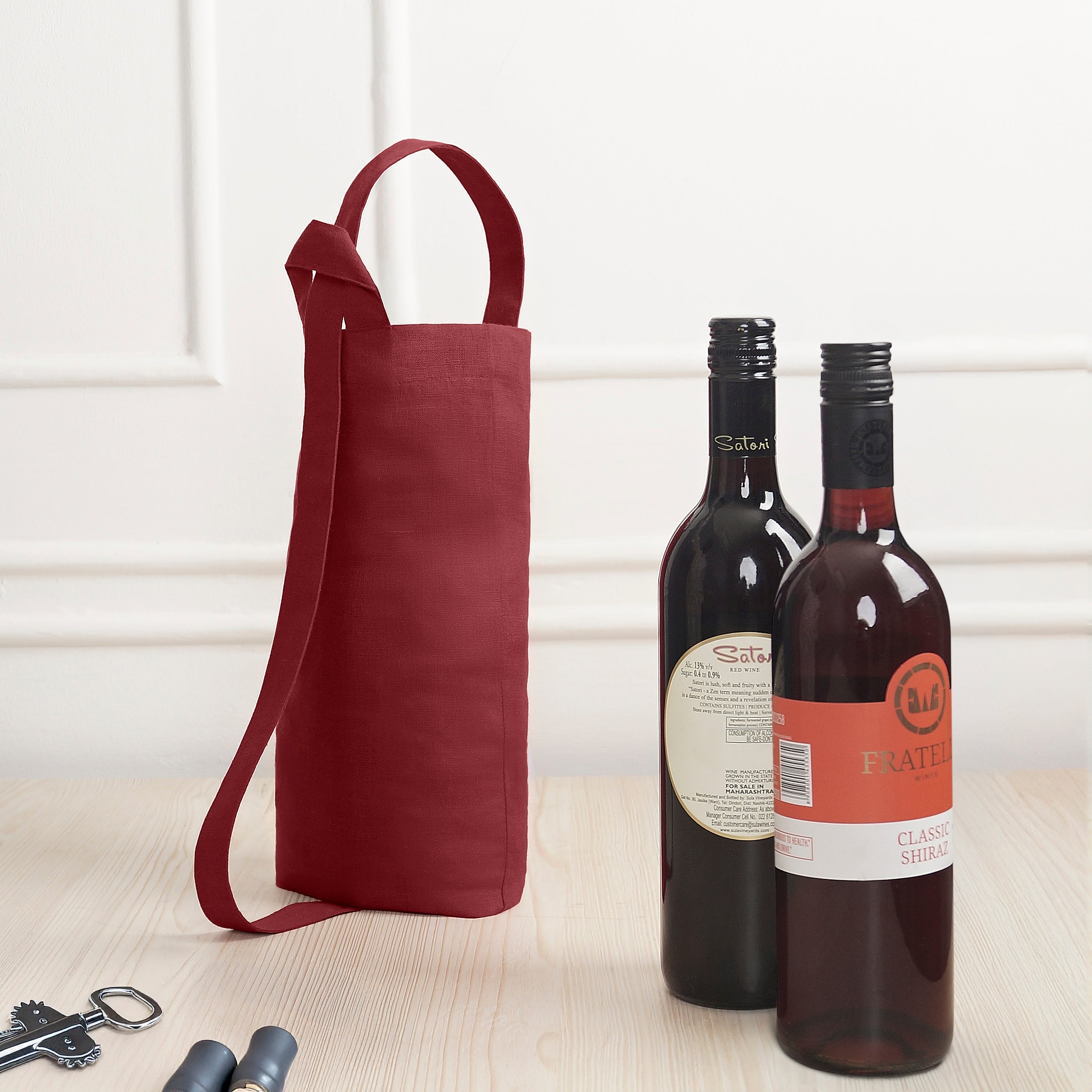 Dark Red Linen Wine Bag
