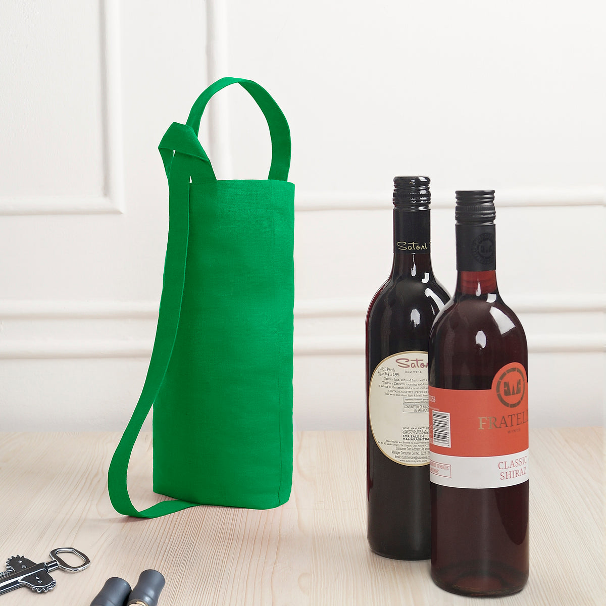 Kelly Green Linen Wine Bag