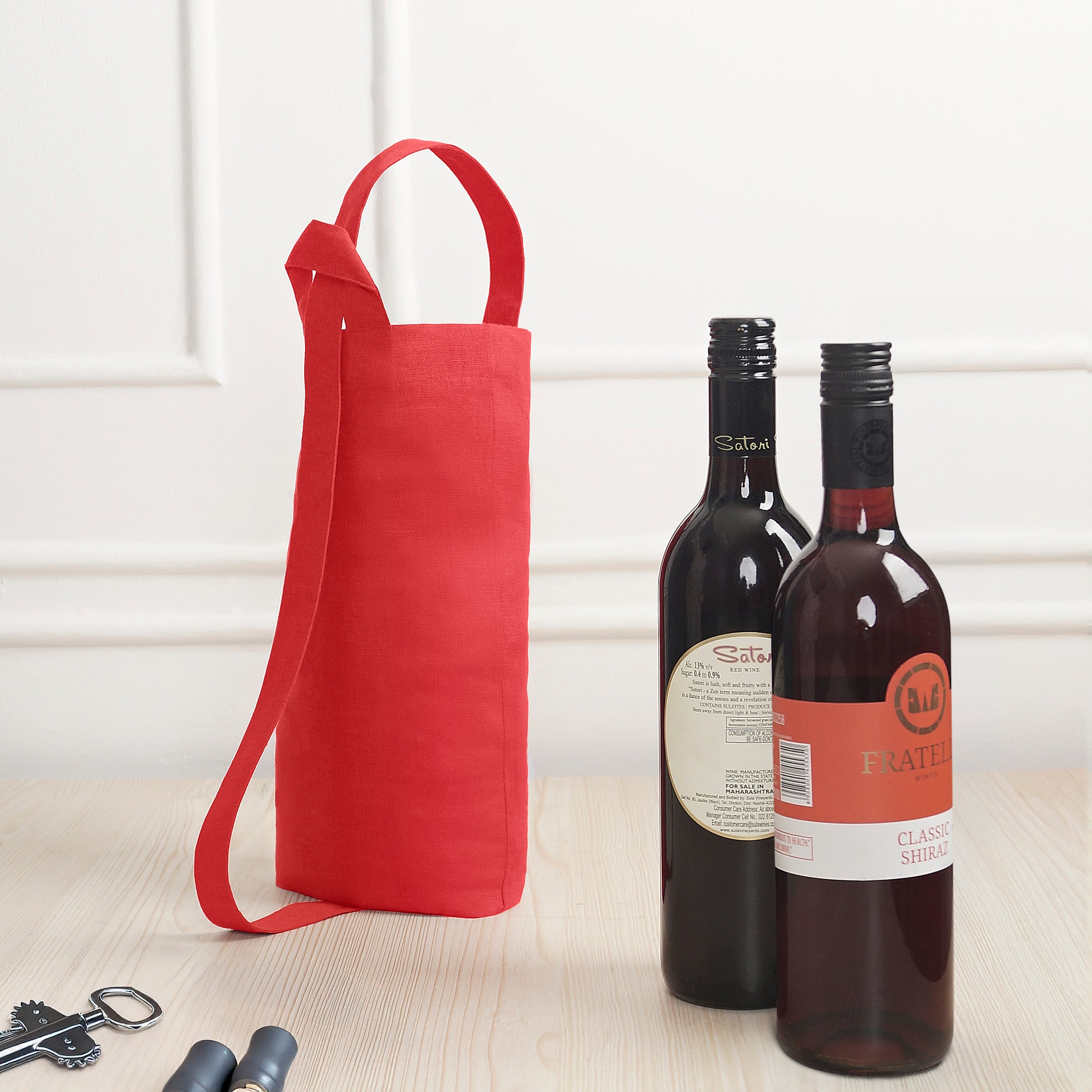 Bright Red Linen Wine Bag
