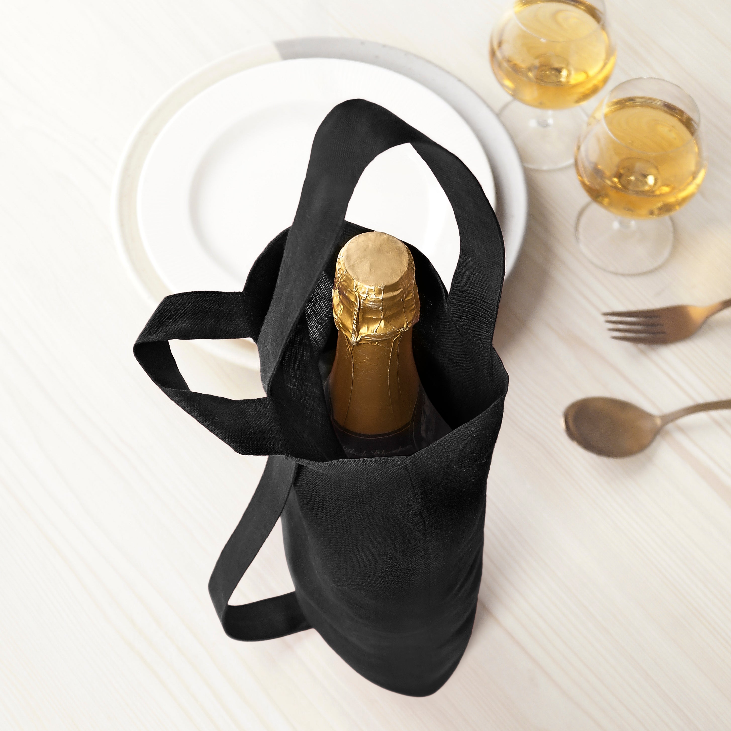Black Linen Wine Bag