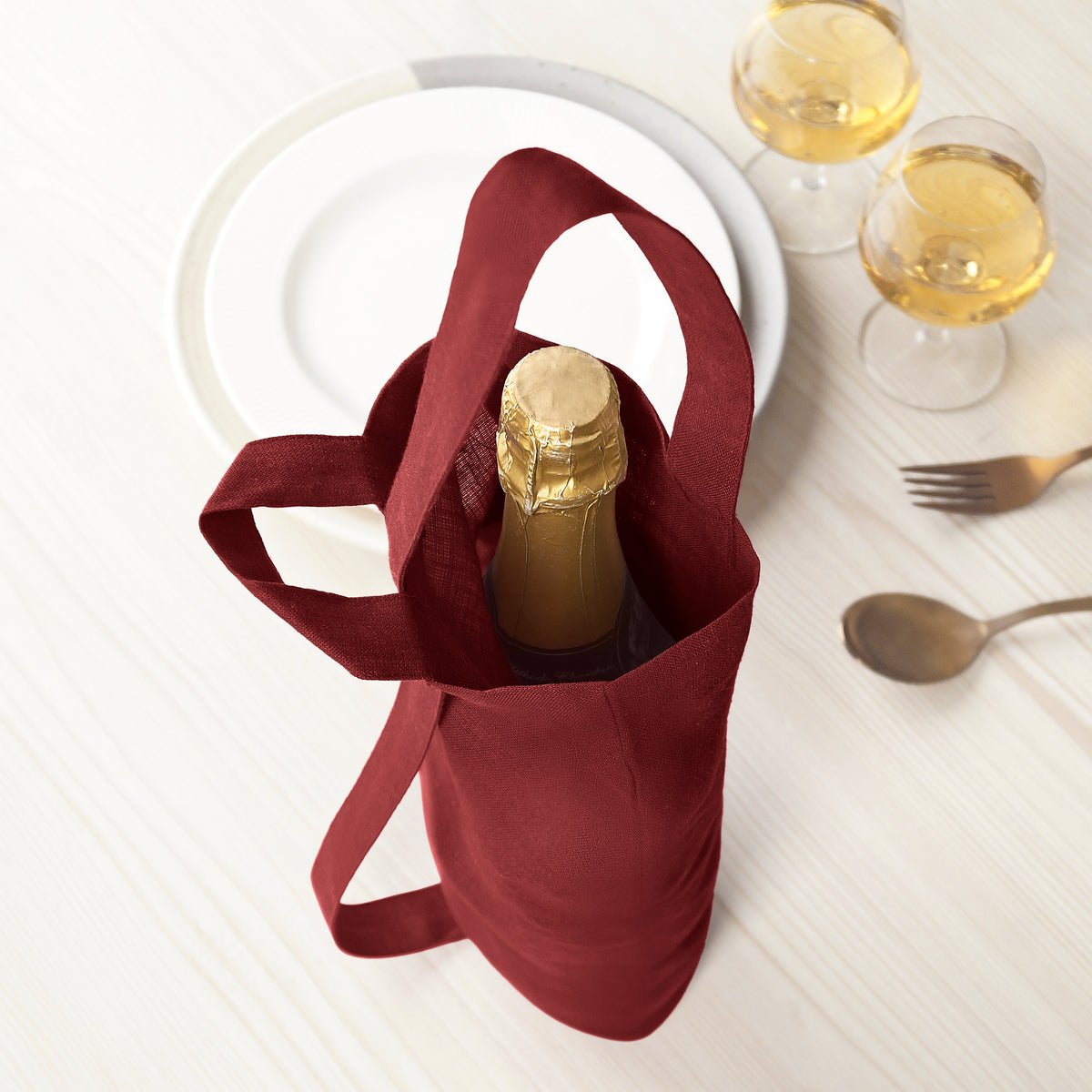 Dark Red Linen Wine Bag