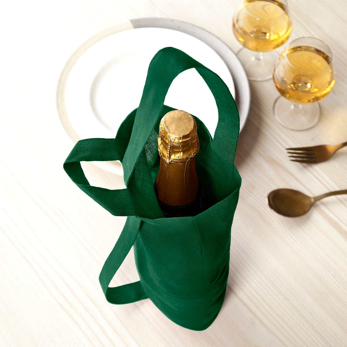 Forest Green Linen Wine Bag