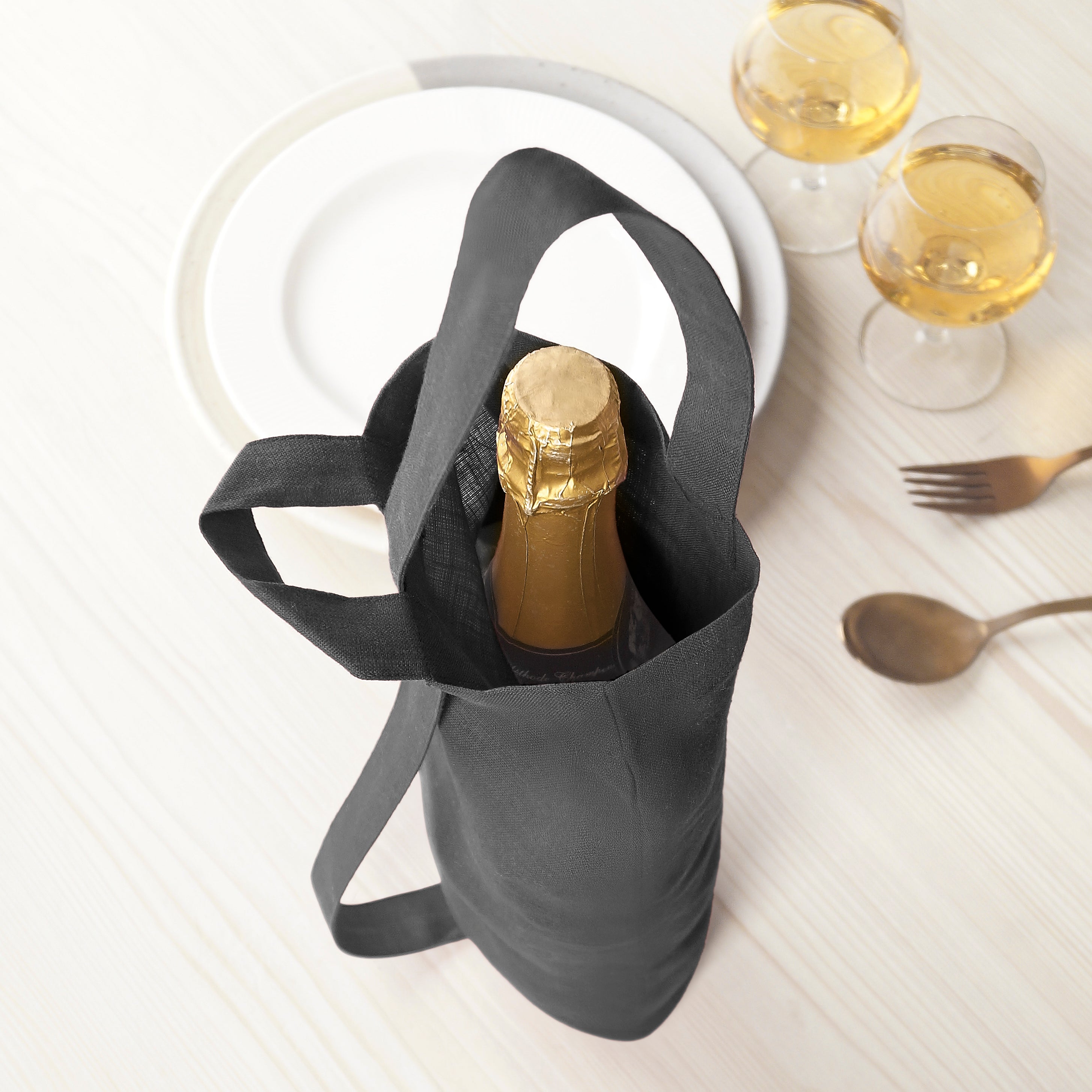 Charcoal Grey Linen Wine Bag