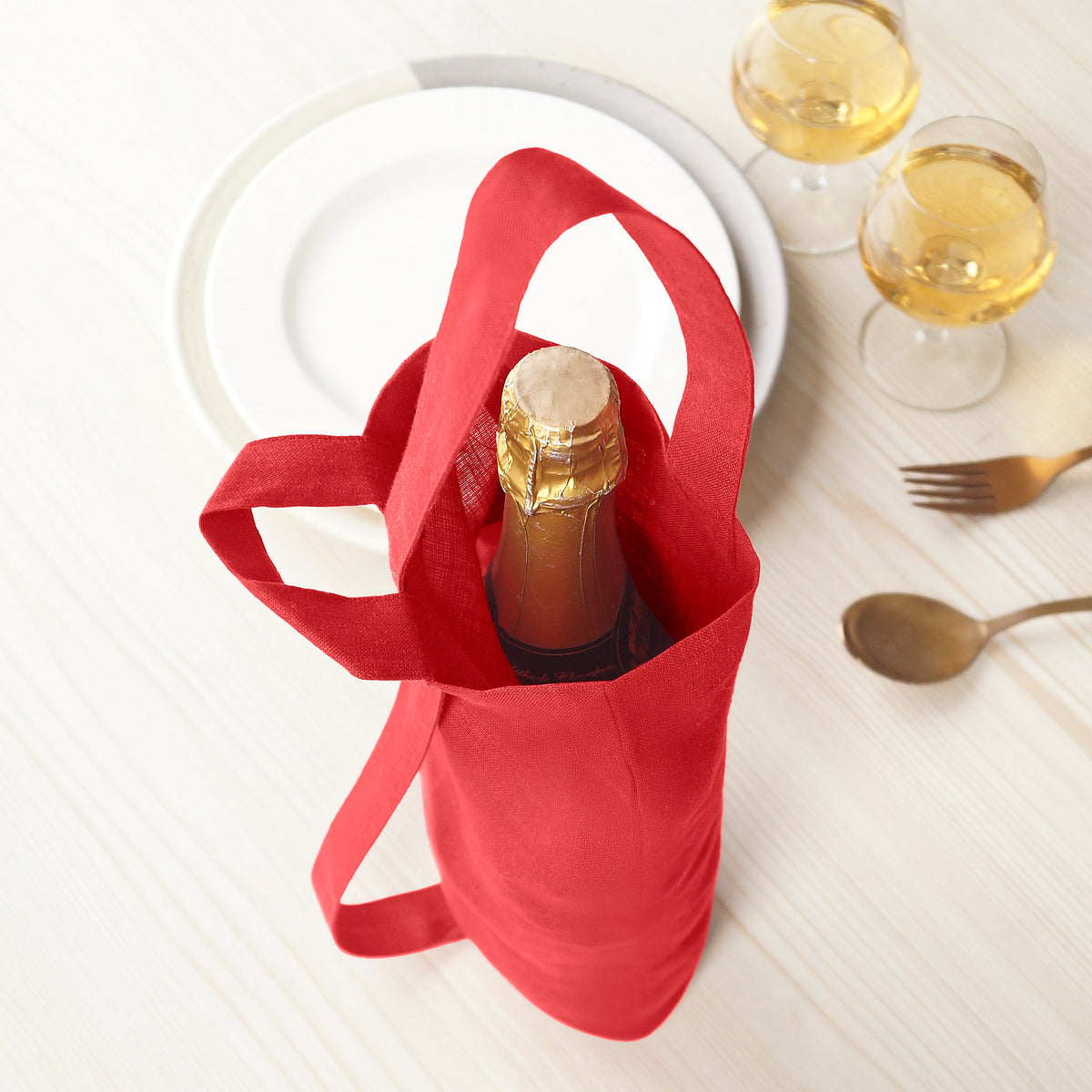 Bright Red Linen Wine Bag