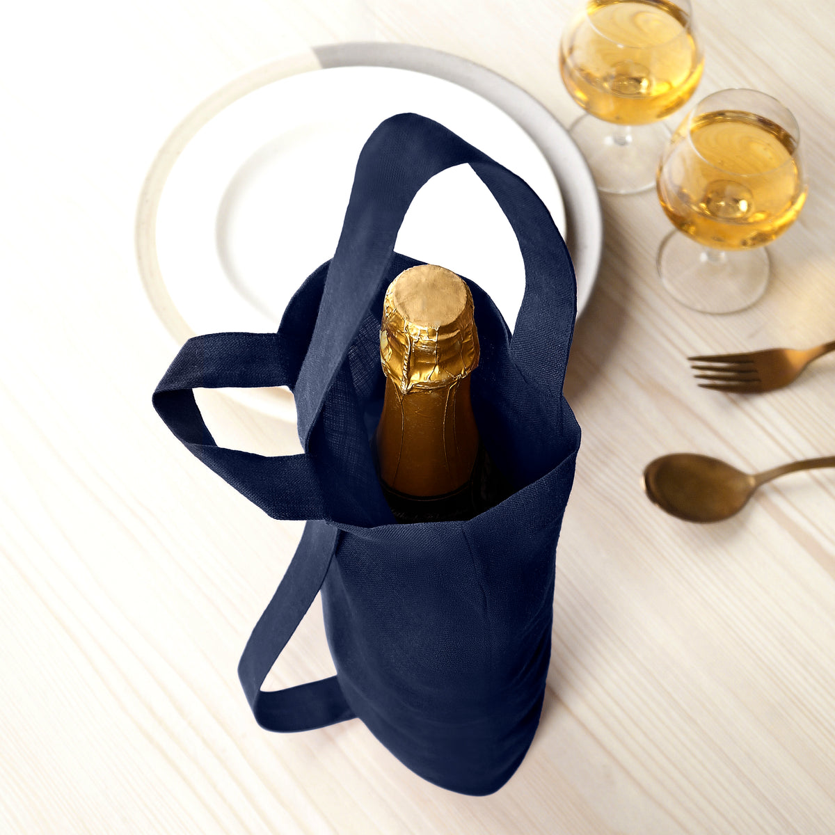 Navy Blue Linen Wine Bag