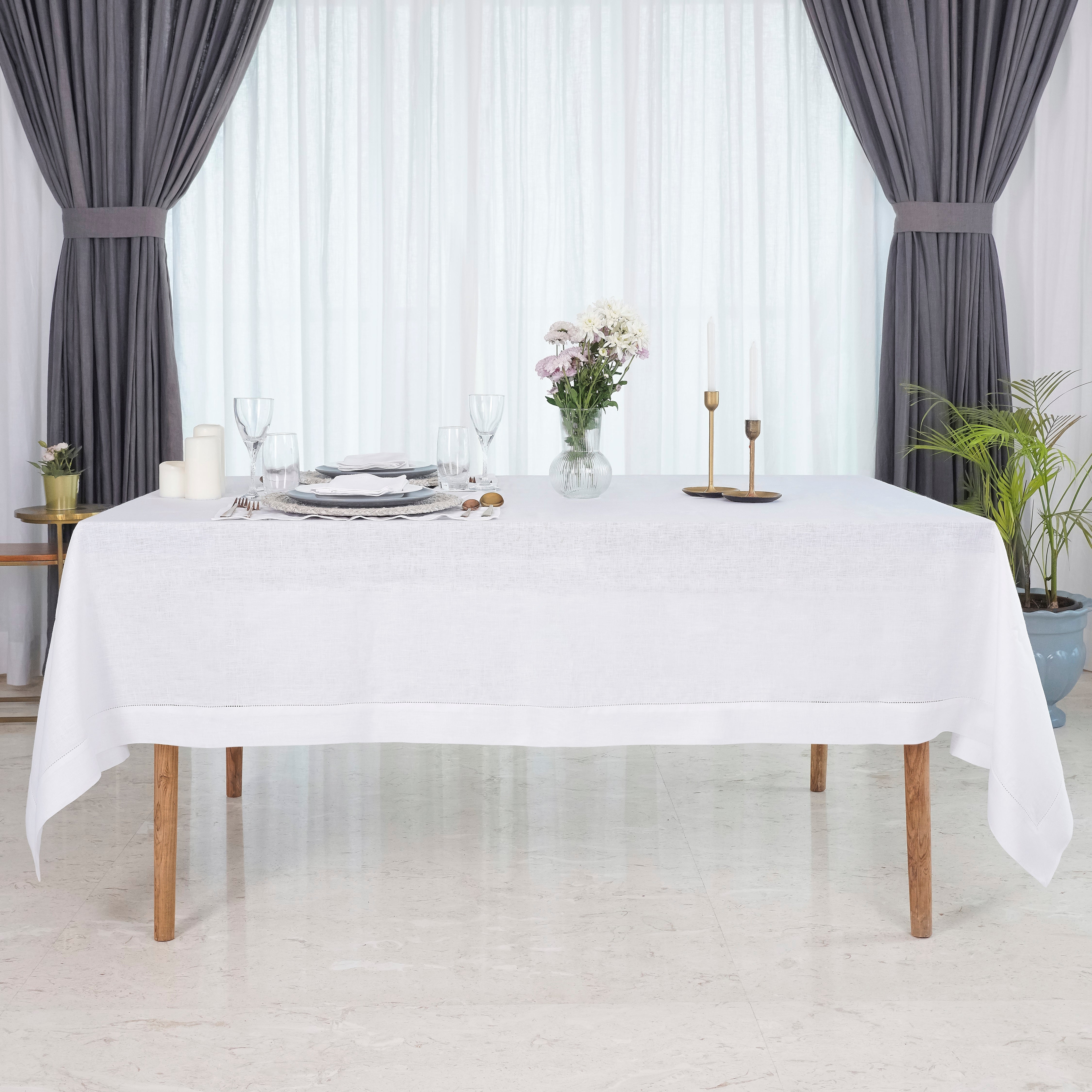White Pure Linen Tablecloth, Hemstitch