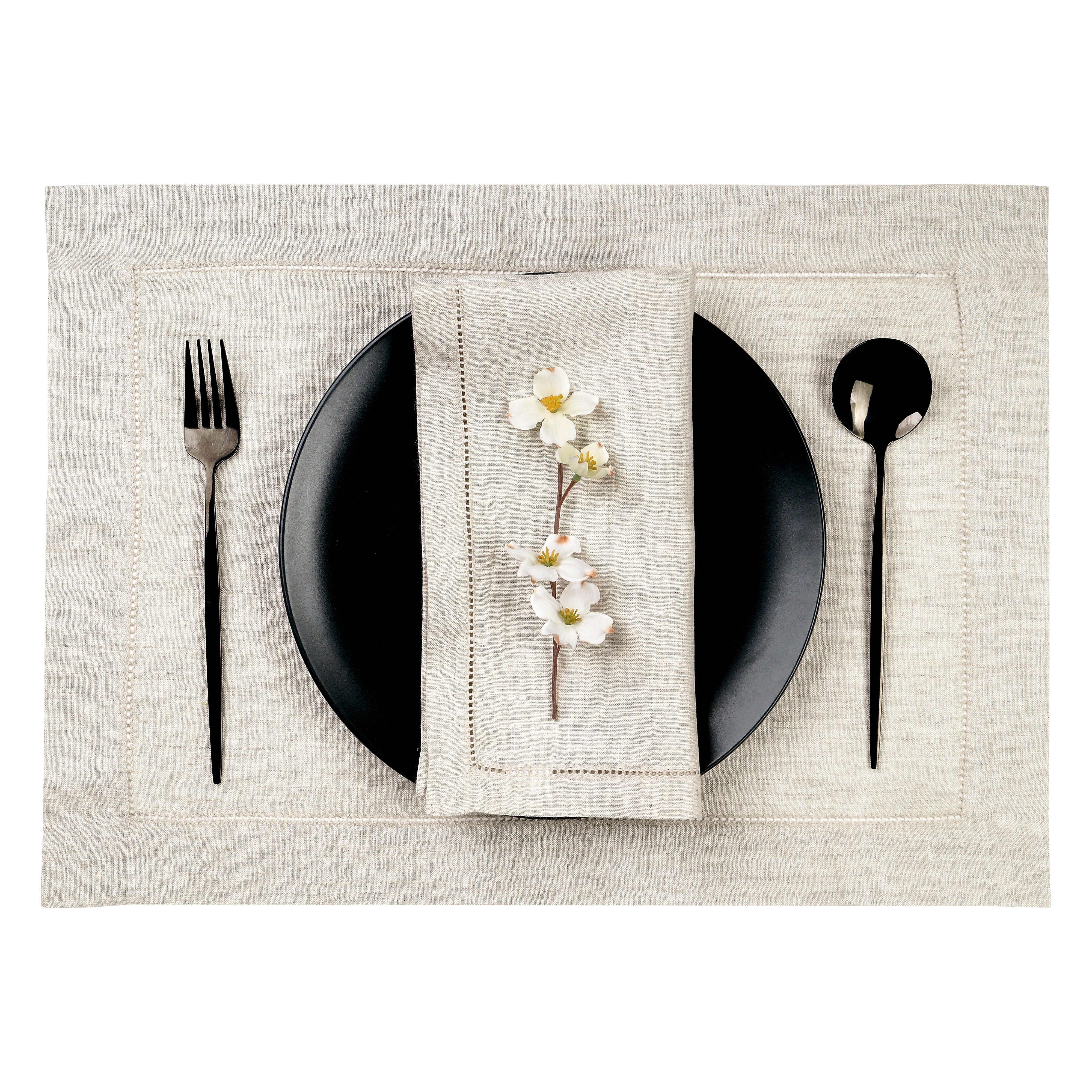 Light Natural Linen Placemats, Hemstitch, 14 x 19 inch, 6 pcs